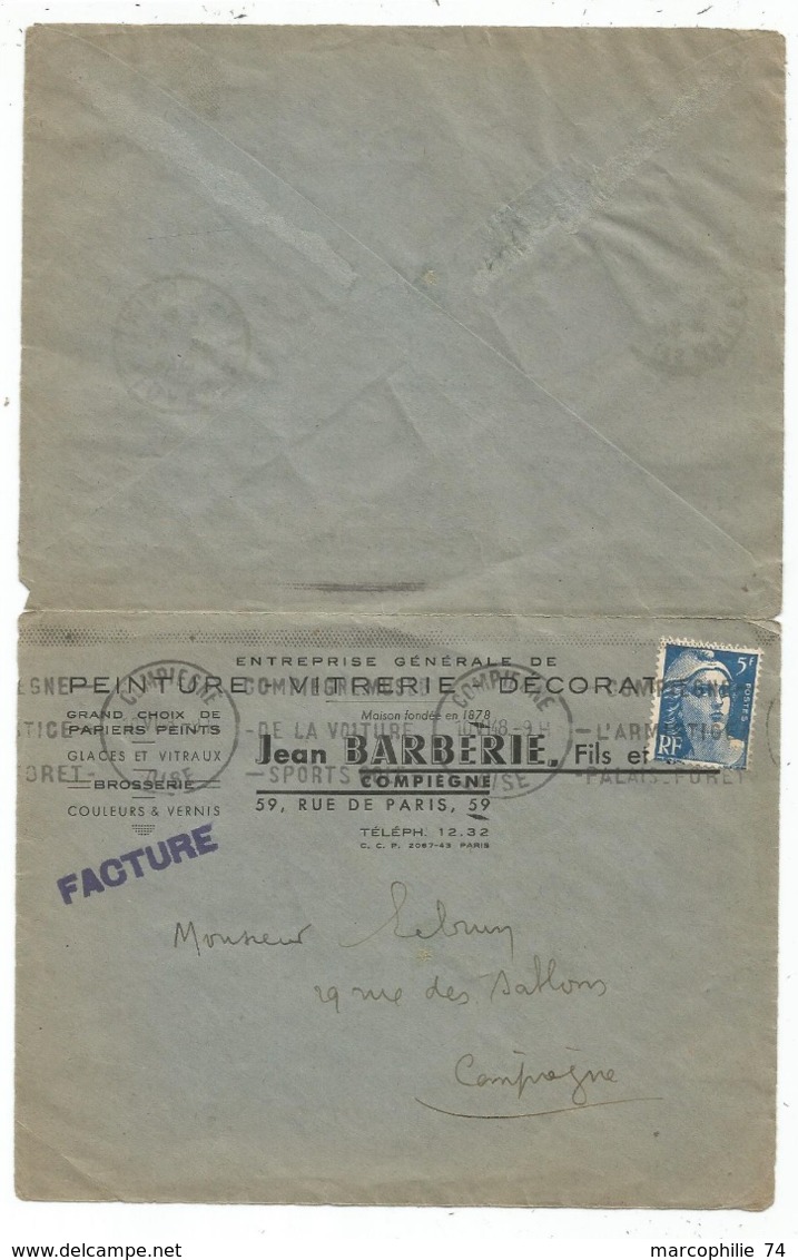 GANDON 6FR N°721A LETTRE OUVERTE 3 COTES COMPIEGNE 1948 POUR AIX LES BAINS TAXE 3FRX6 AU VERSO POSTE RESTANTE - 1945-54 Marianne De Gandon