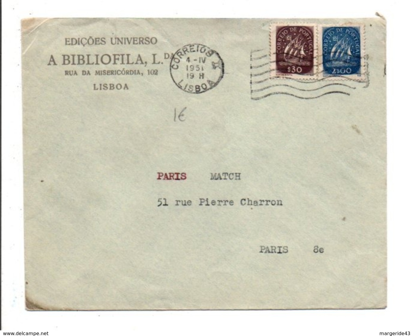 PORTUGAL AFFRANCHISSEMENT COMPOSE SUR LETTRE A EN TETE DE LISBOA POUR LA FRANCE 1951 - Marcophilie