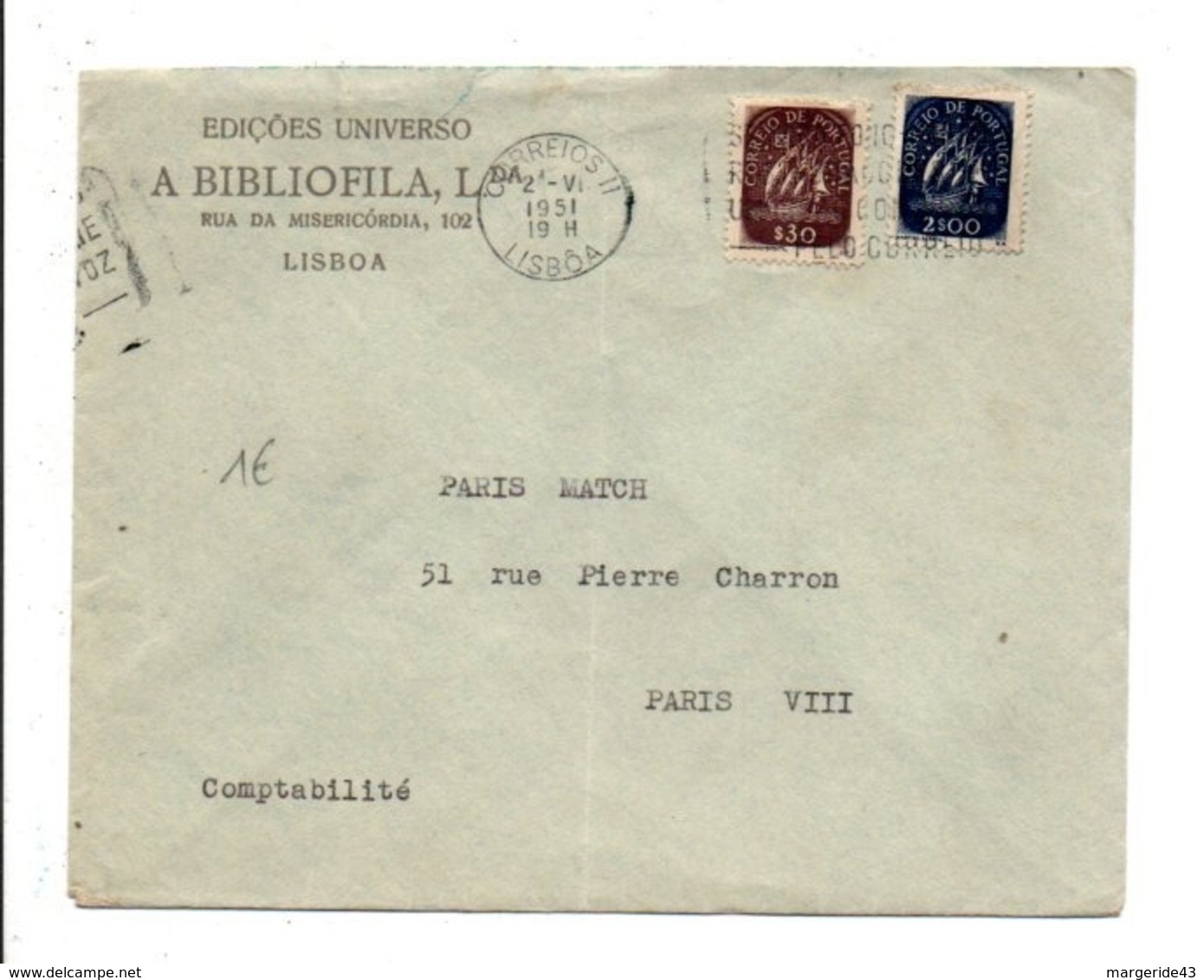 PORTUGAL AFFRANCHISSEMENT COMPOSE SUR LETTRE A EN TETE DE LISBOA POUR LA FRANCE 1951 - Marcophilie