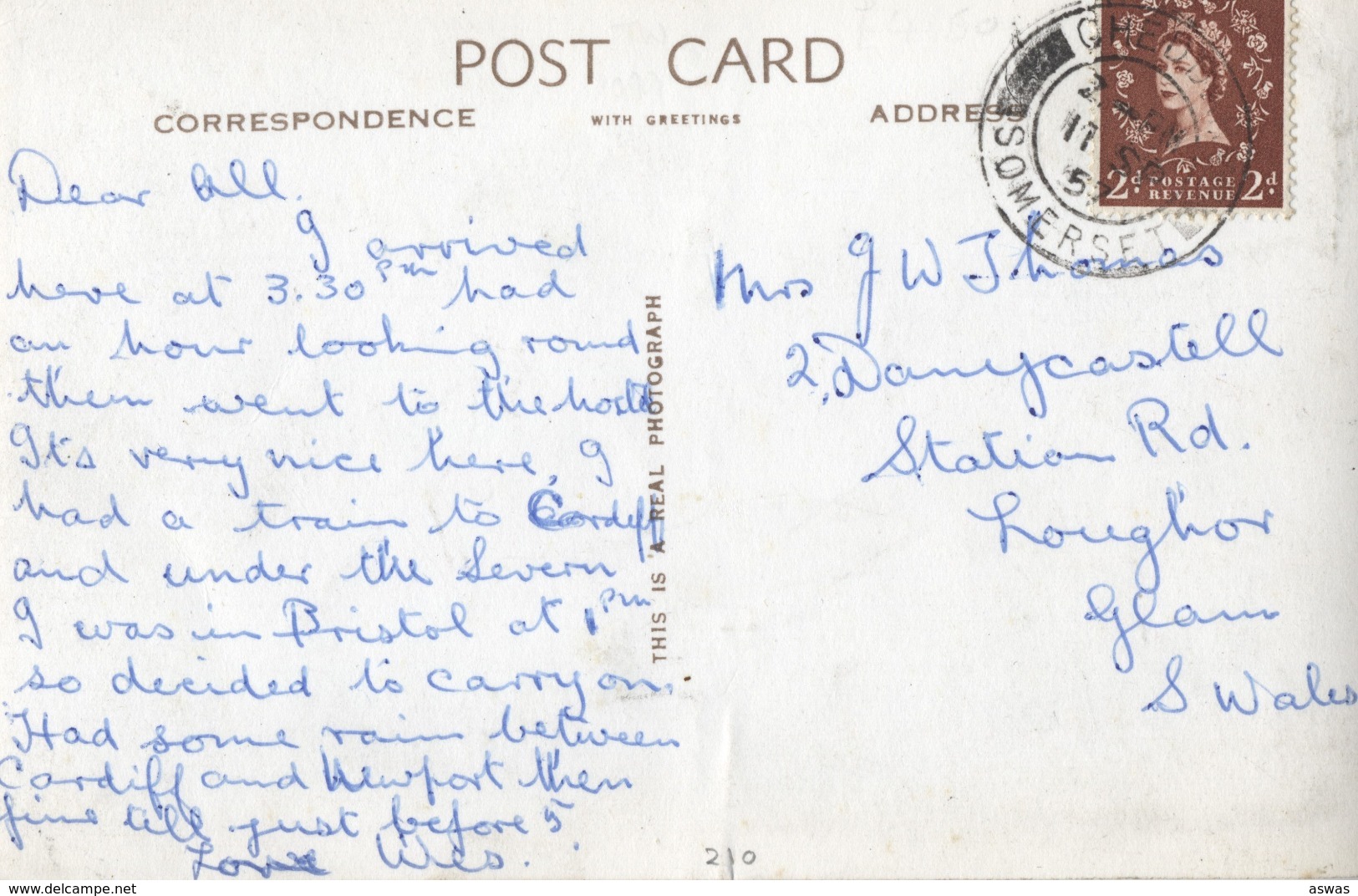 RPPC: YOUTH HOSTEL, CHEDDAR, SOMERSET Posted 1952 ~ Local Publisher - Cheddar