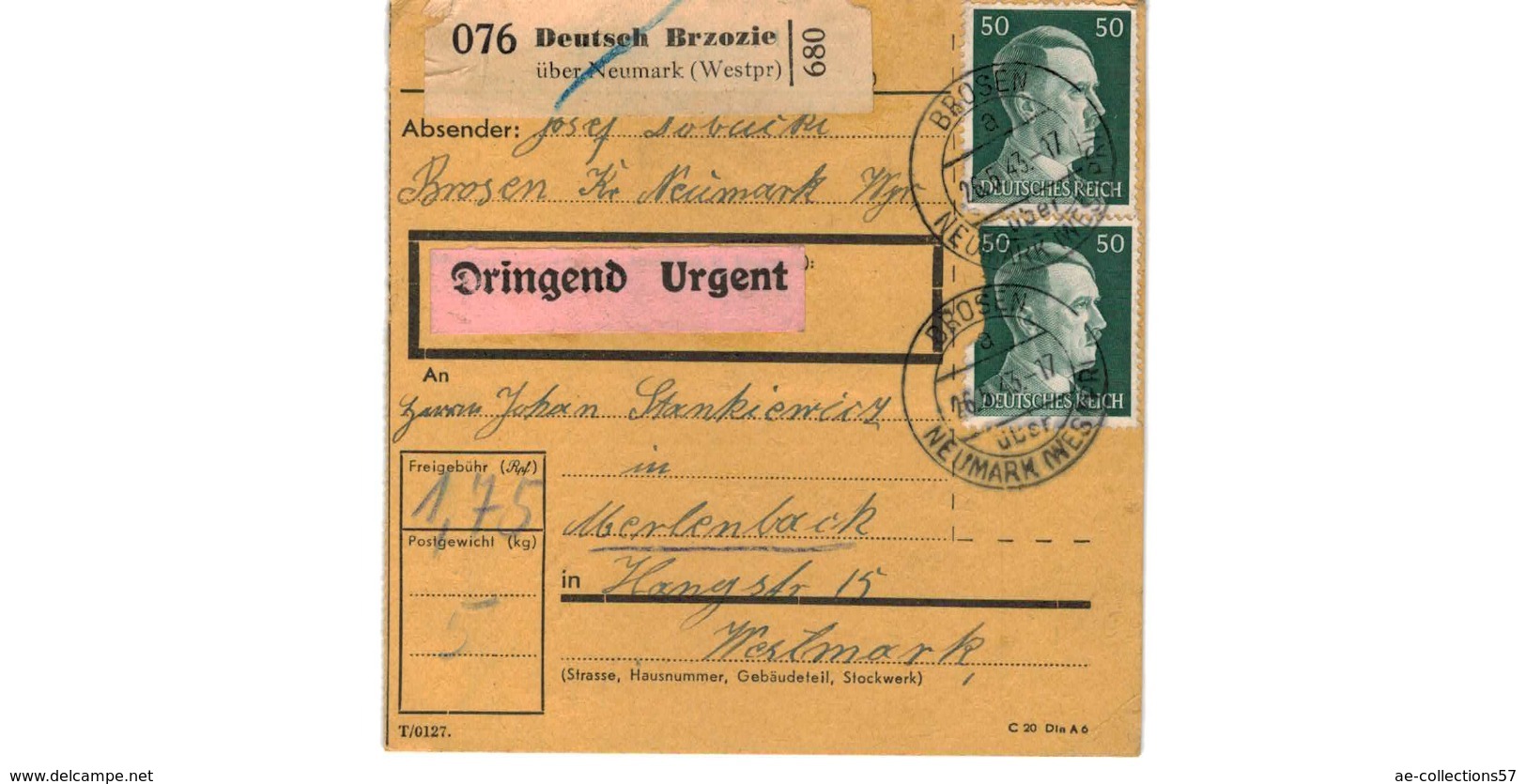 Allemagne  - Colis Postal  Départ Deutsch Brzozie über Neumark  - 26-5-43 - Lettres & Documents