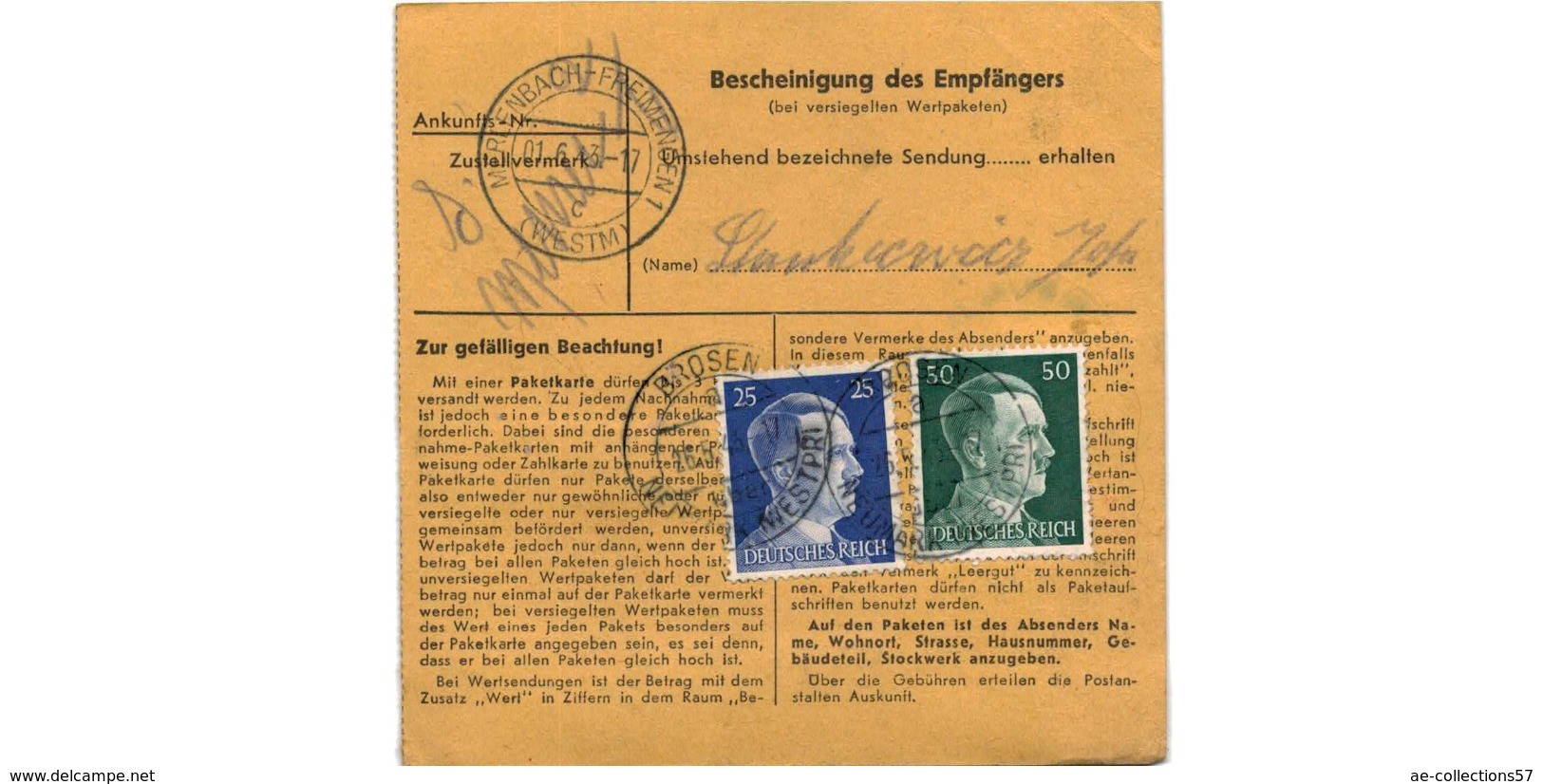 Allemagne  - Colis Postal  Départ Deutsch Brzozie über Neumark  - 26-5-43 - Lettres & Documents