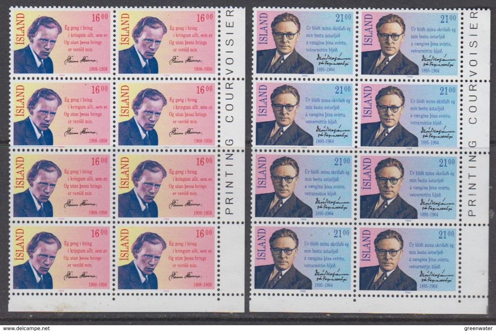 Iceland 1988 Famous Persons 2v Bl Of 8 ** Mnh (44674A) - Unused Stamps