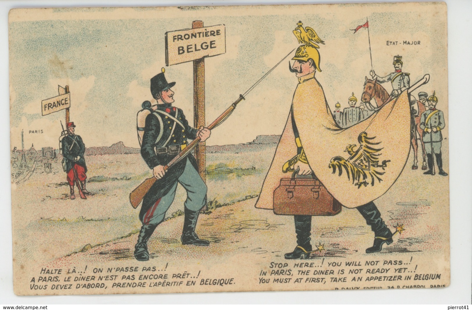 GUERRE 1914-18 - Jolie Carte Fantaisie GUILLAUME II Et Son Etat Major Refoulés à La Frontière Belge - War 1914-18