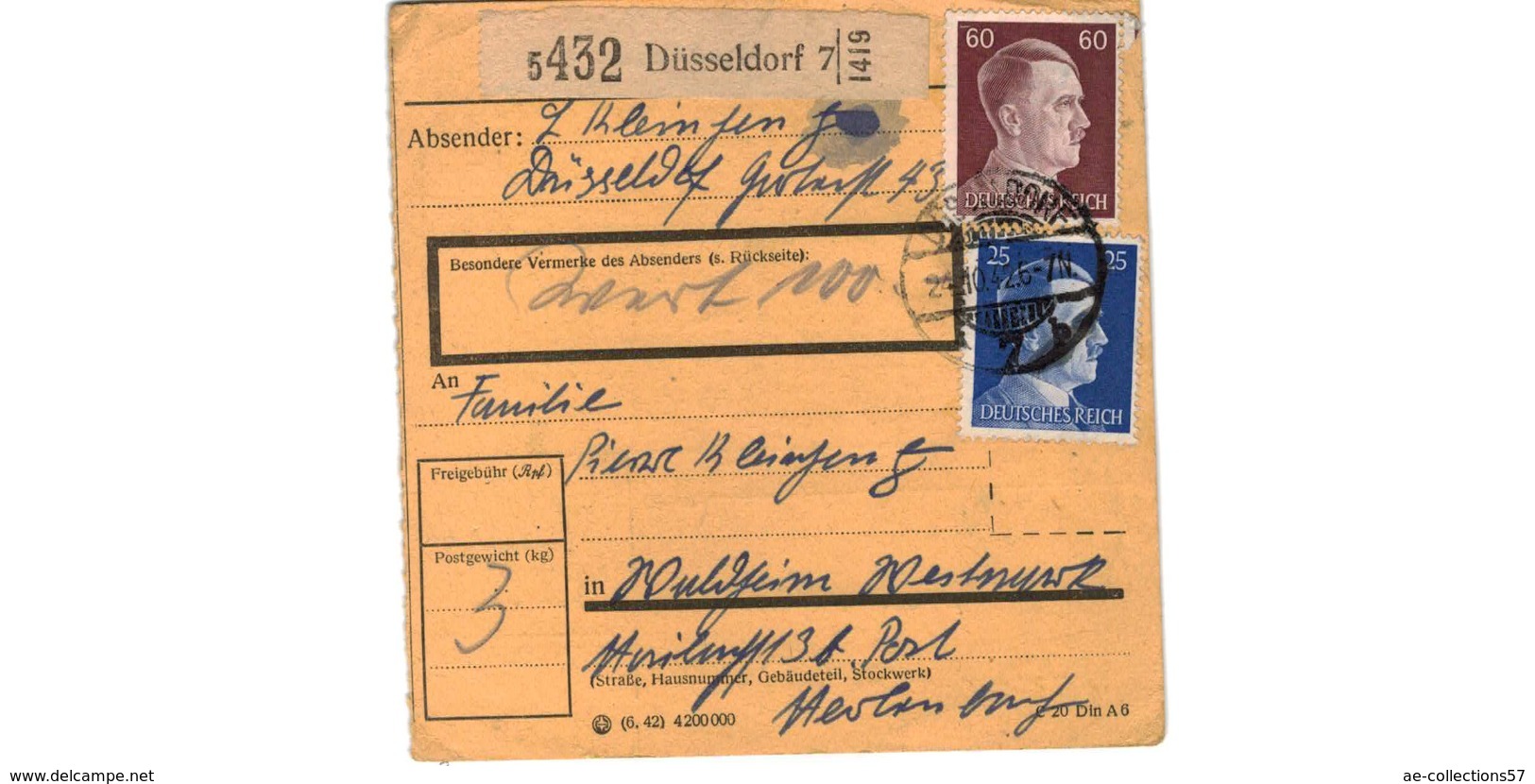 Allemagne  - Colis Postal  Départ  Düsseldorf  -  24-10-42 - Lettres & Documents