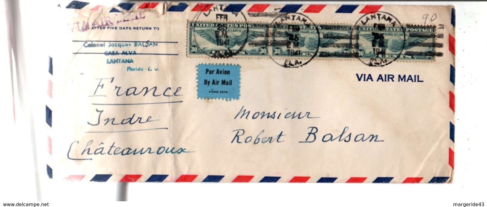 USA ETATS UNIS AFFRANCHISSEMENT COMPOSE SUR LETTRE POUR LA FRANCE 1941 - Postal History