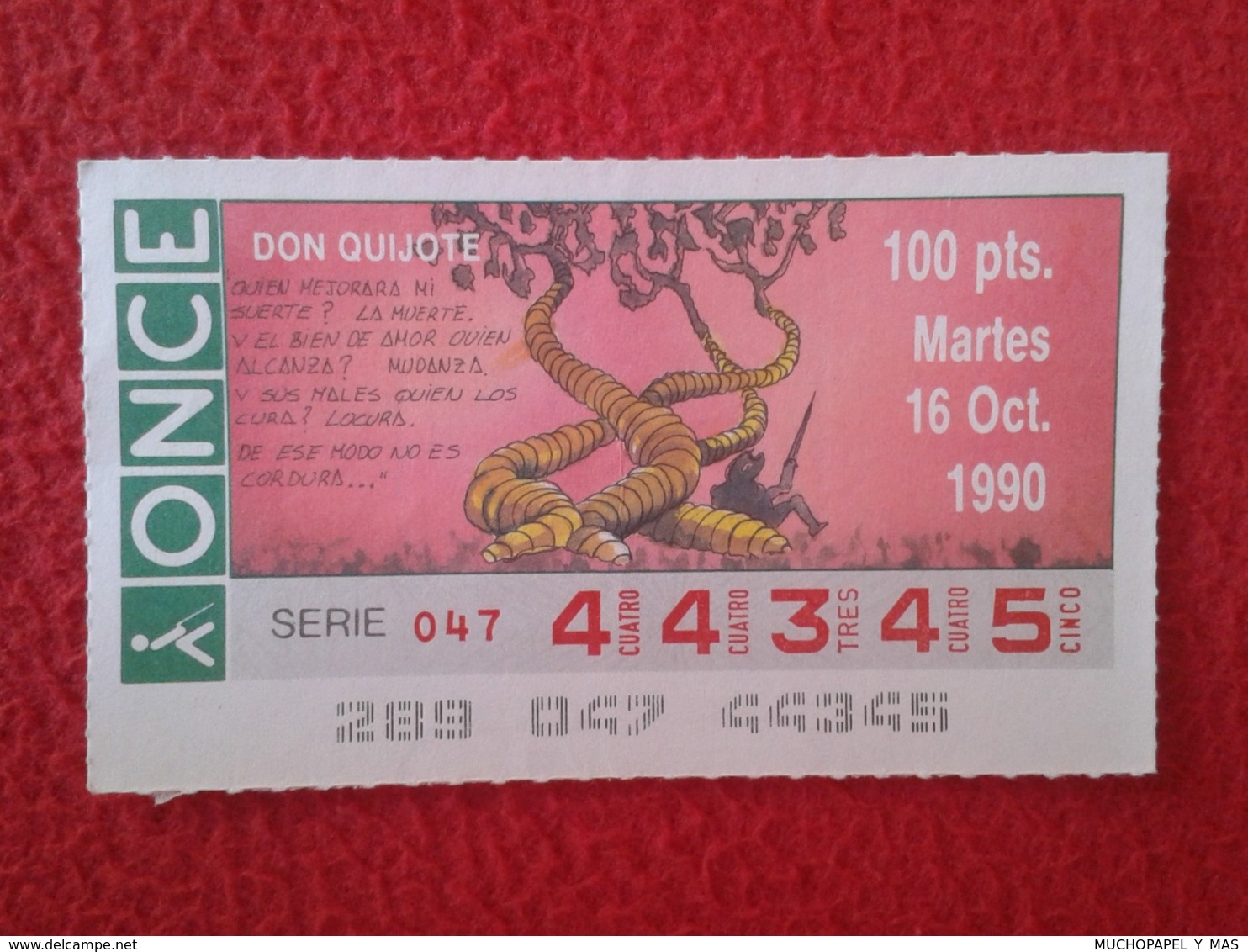 SPAIN CUPÓN DE ONCE CIEGOS LOTTERY LOTERÍA ESPAÑA 1990 DON QUIJOTE LA MANCHA MIGUEL CERVANTES DICHOS ESCENAS REFRANES... - Billetes De Lotería