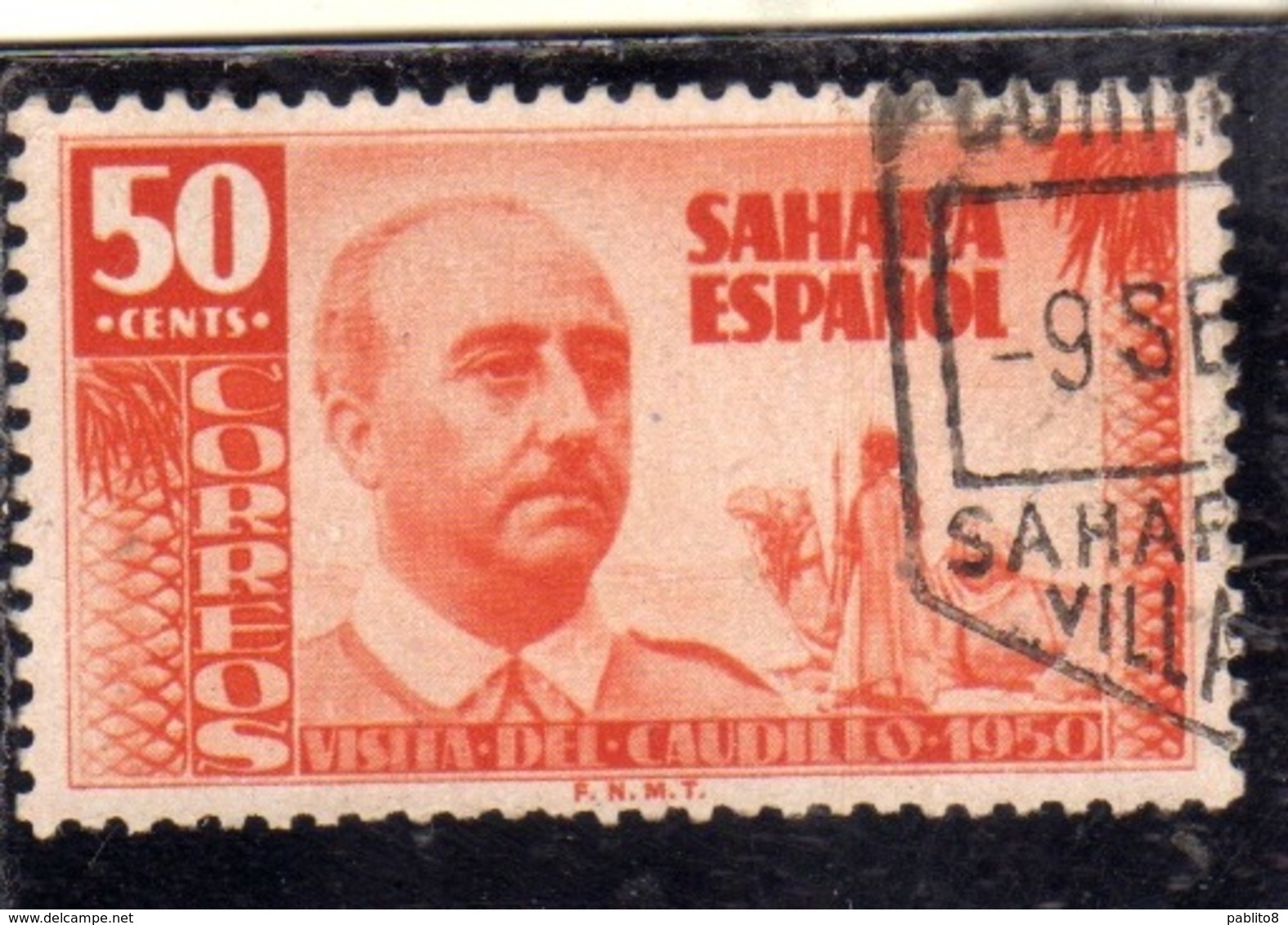 SAHARA ESPAÑOL SPANISH SPAGNOLO 1951 VISIT VISITA DEL CUADILLO 1950 GENERALE FRANCO CENT. 50c USED USATO OBLITERE' - Sahara Spagnolo