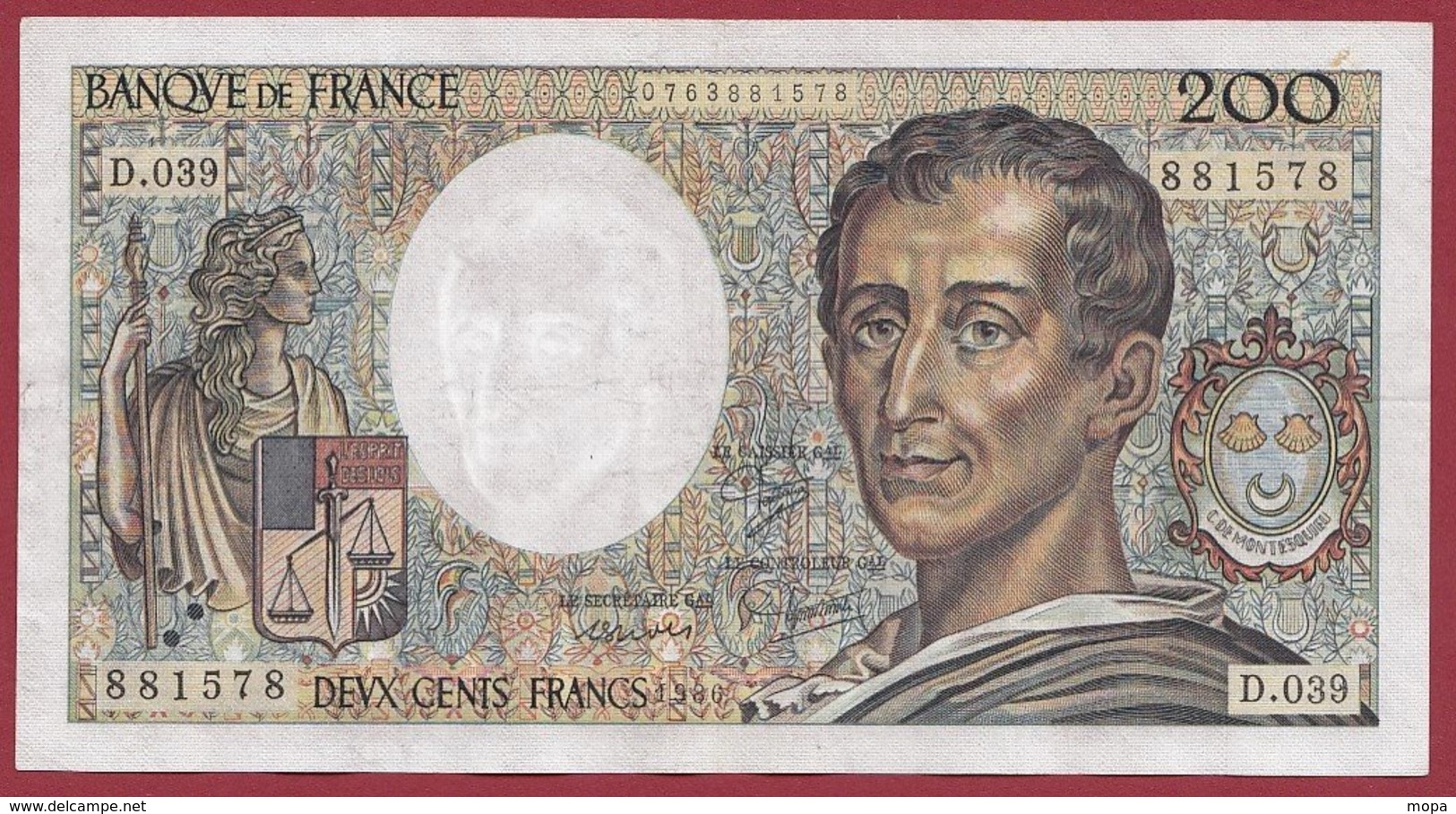 200 Francs "Montesquieu" 1986  ---F/TTB+---ALPH  D.039 - 200 F 1981-1994 ''Montesquieu''