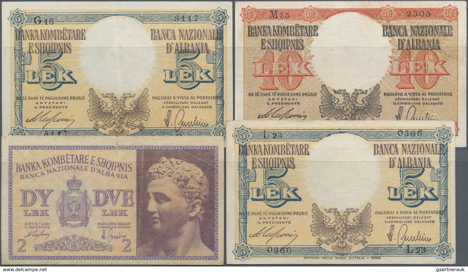 Albania / Albanien: 2, 2x 5 And 10 Lek ND(1940-42), P.9, 10, 11 In VF To XF Condition. (4 Pcs.) - Albanië