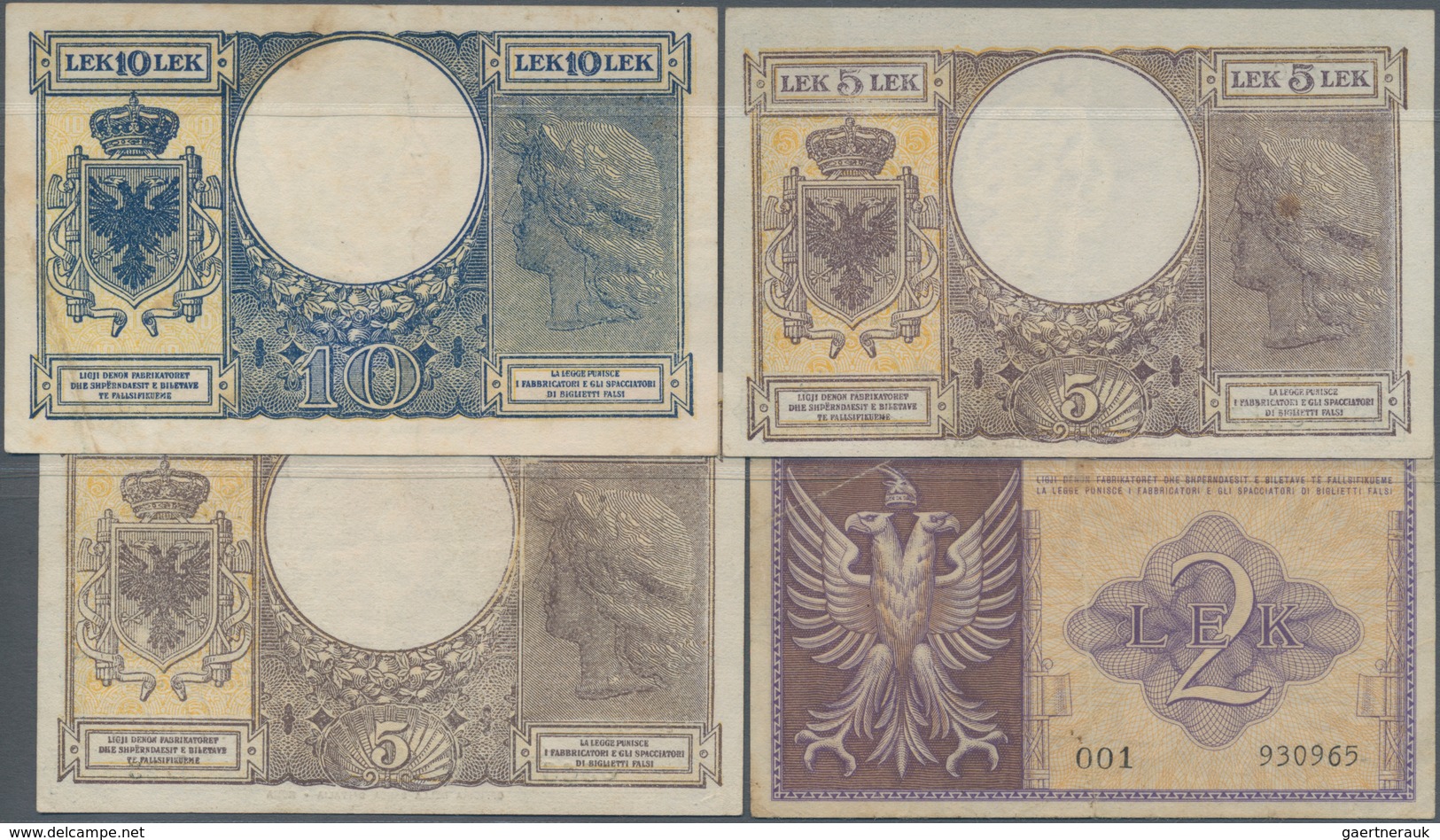 Albania / Albanien: 2, 2x 5 And 10 Lek ND(1940-42), P.9, 10, 11 In VF To XF Condition. (4 Pcs.) - Albanië