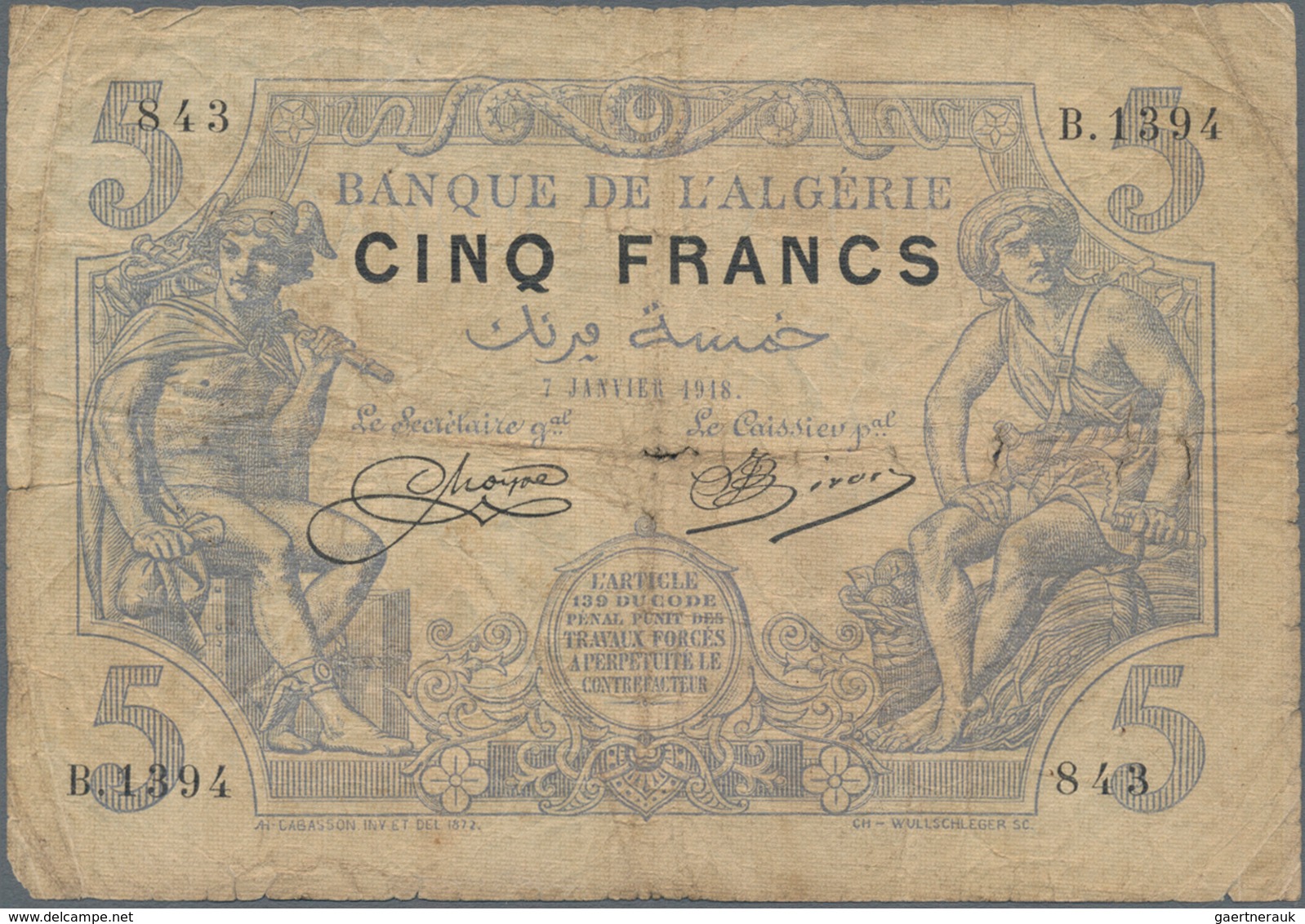 Algeria / Algerien: Banque De L'Algérie 5 Francs 1918, P.71b, Used Condition With A Number Small Bor - Algeria