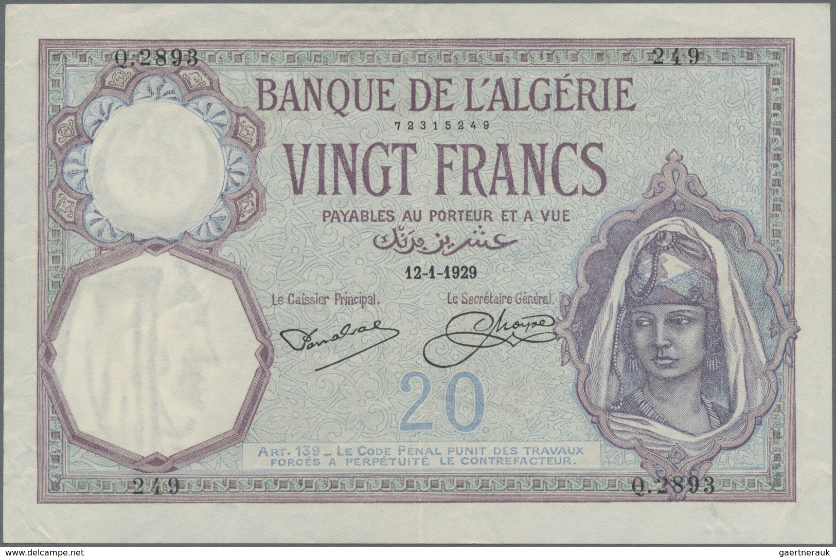 Algeria / Algerien: Banque De L'Algérie, Pair With 20 Francs 1925 And 1929, P.78b In F/VF Condition. - Algerije