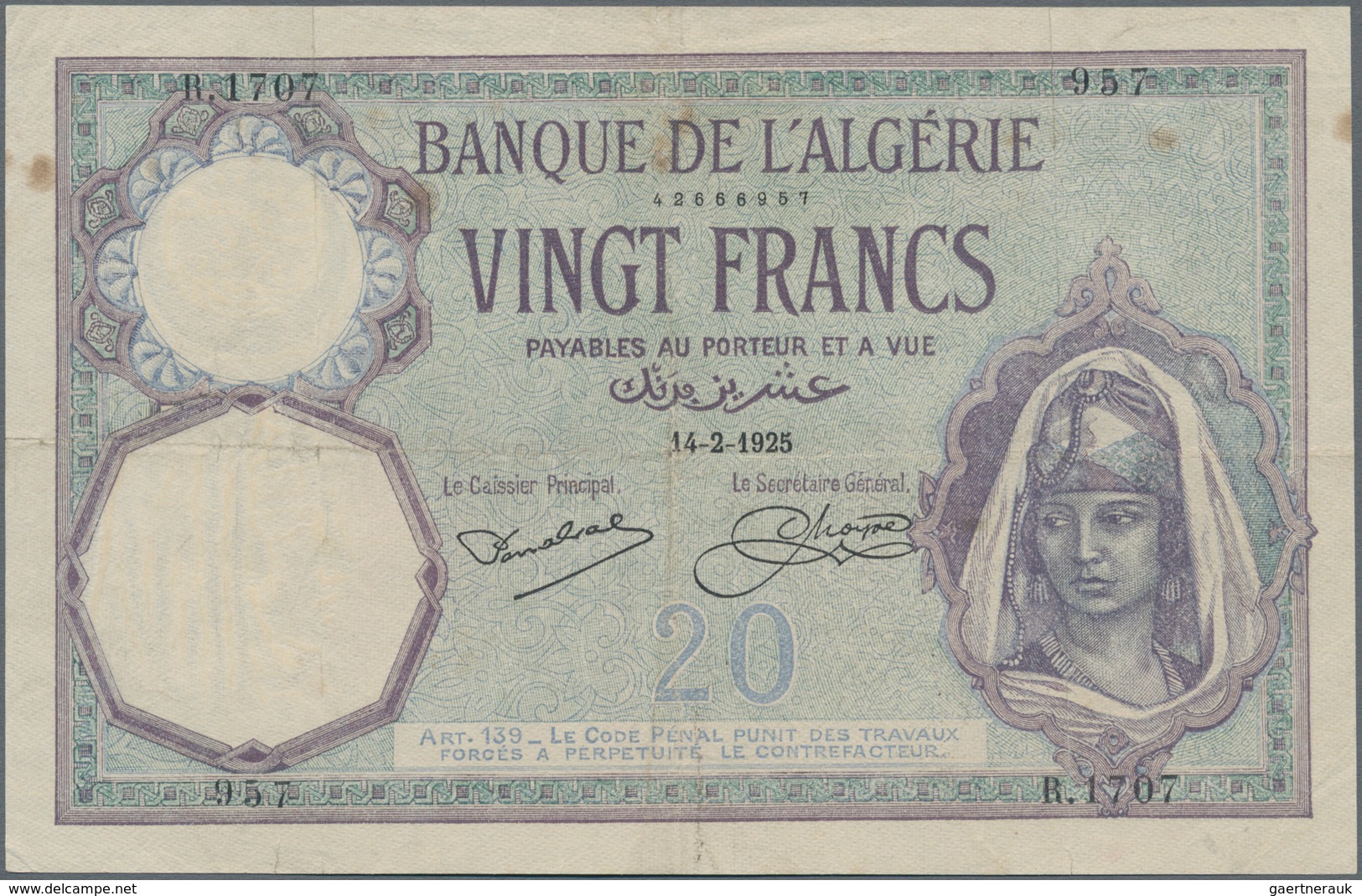 Algeria / Algerien: Banque De L'Algérie, Pair With 20 Francs 1925 And 1929, P.78b In F/VF Condition. - Algerije