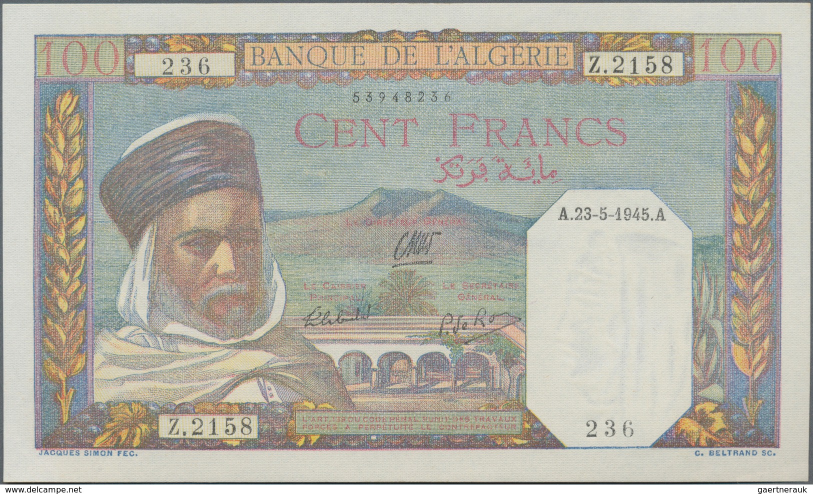 Algeria / Algerien: Banque De L'Algérie 100 Francs 1945, P.88 In Perfect UNC Condition. - Algerien