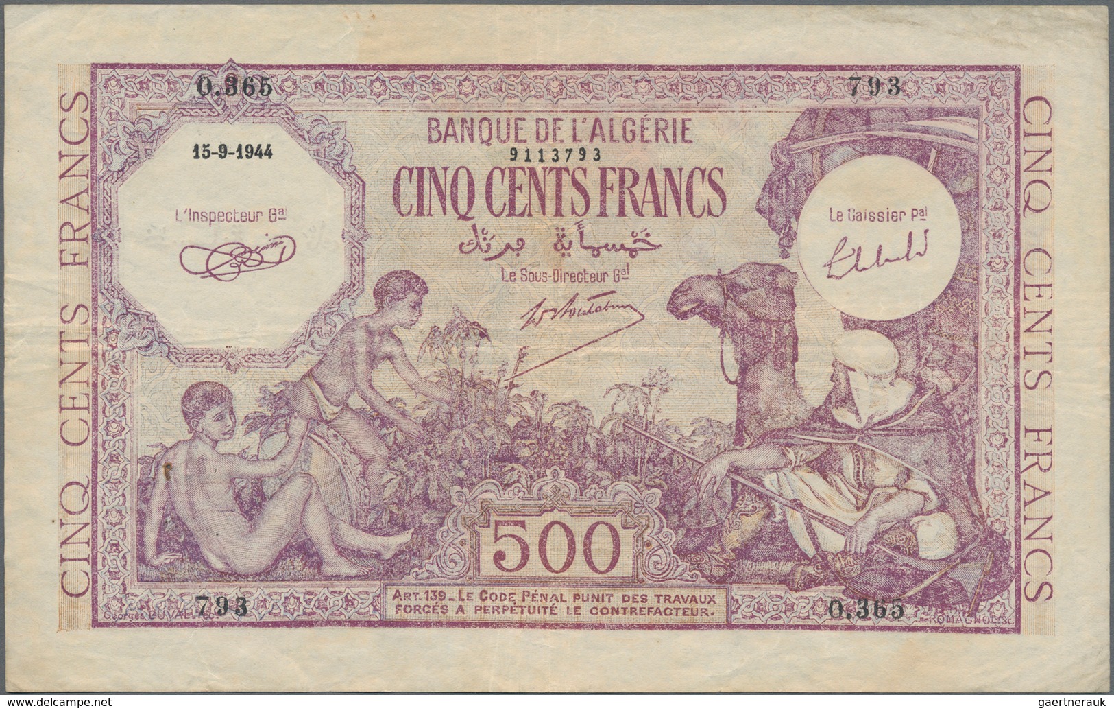 Algeria / Algerien: 500 Francs 1944, P.95, Some Folds And Tiny Pinholes At Left, Condition: F+/VF - Algeria