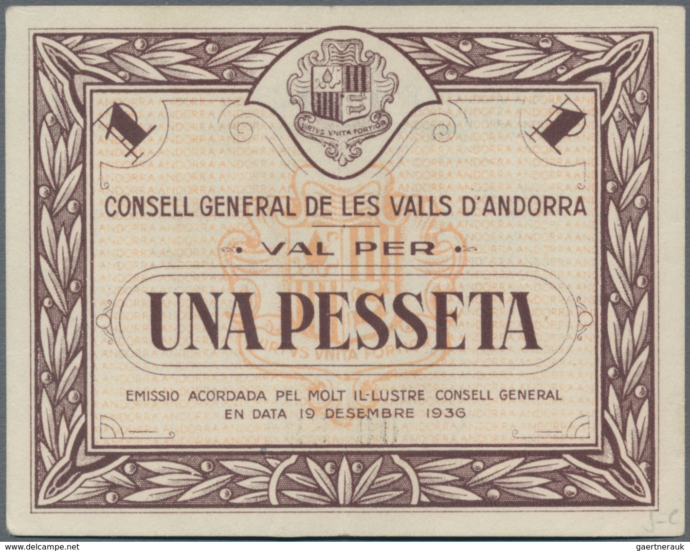 Andorra: Consell General De Les Valls D'Andorra 1 Pesseta 1936, P.6, Excellent Condition With A Stro - Andorra