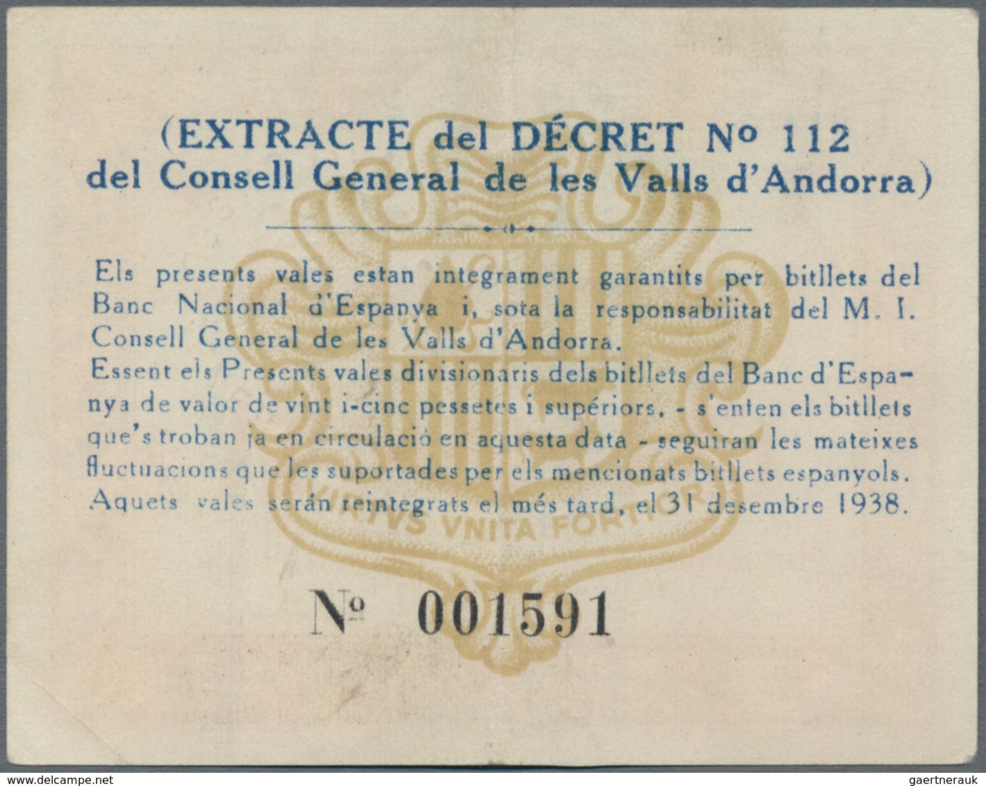 Andorra: Consell General De Les Valls D'Andorra 1 Pesseta 1936, P.6, Excellent Condition With A Stro - Andorre