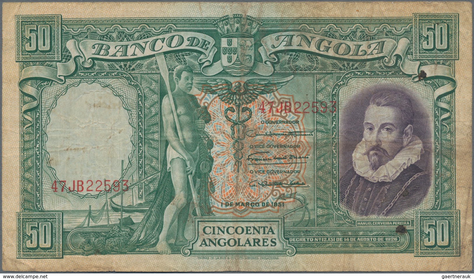 Angola: Banco De Angola 50 Angolares 1951, P.84, Still Great Condition And Very Rare, With Repaired - Angola