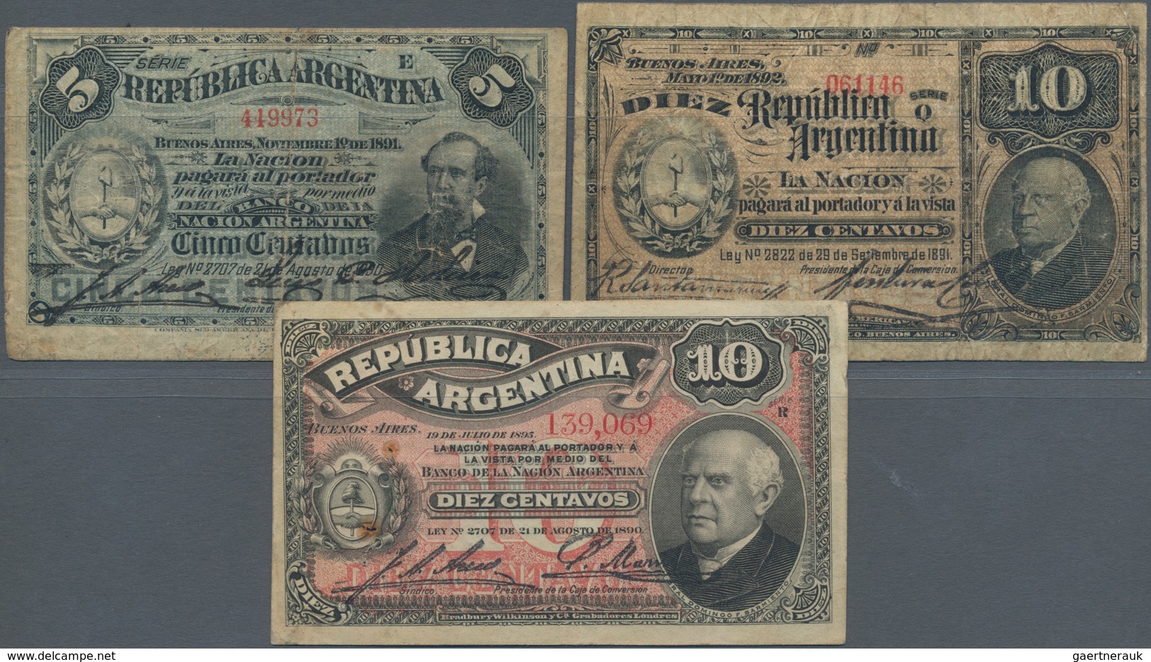 Argentina / Argentinien: Set With 3 Banknotes 5 Centavos 1890 P.209 (F-), 10 Centavos 1891 P.210 (F) - Argentinië