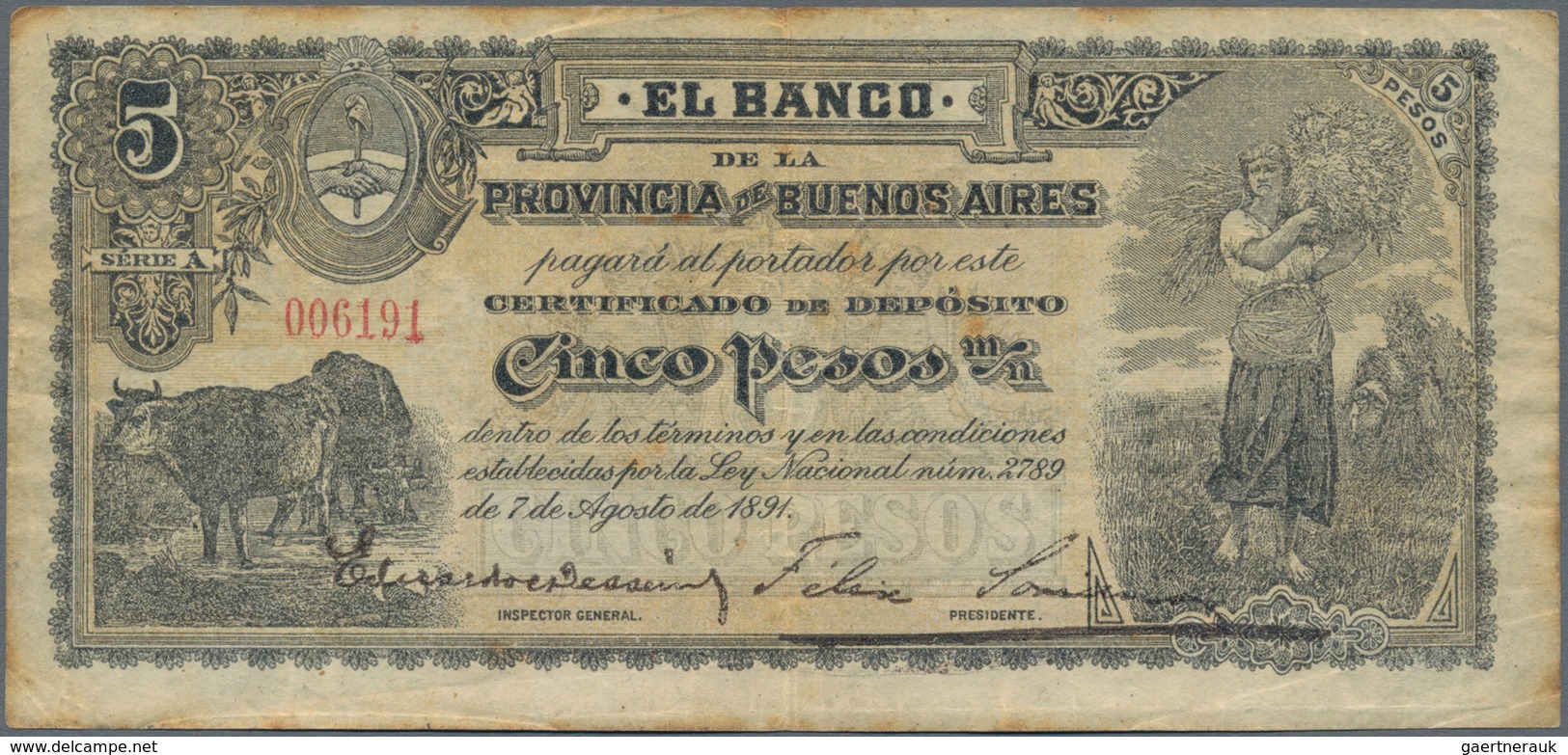 Argentina / Argentinien: El Banco De La Provincia De Buenos Aires 5 Pesos 1891, P.S575a, Lightly Ton - Argentina