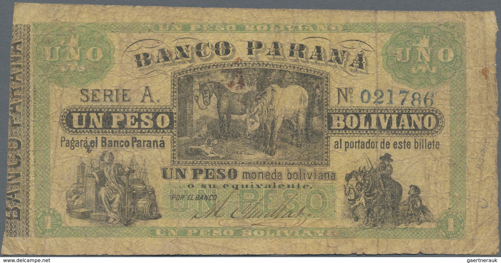 Argentina / Argentinien: Banco Parana 1 Peso Boliviano ND(1868), P.S1815, Almost Well Worn With Tiny - Argentine