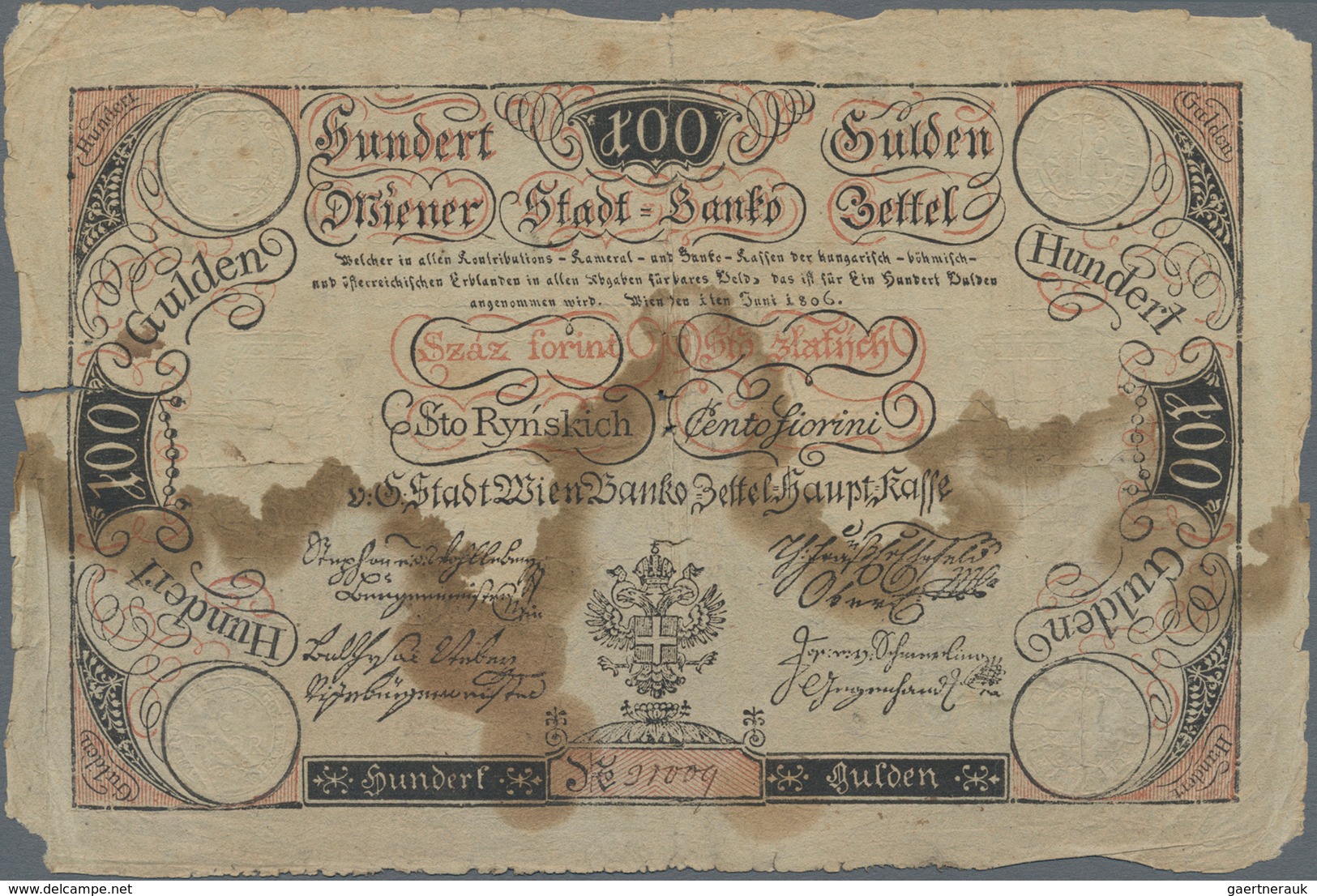 Austria / Österreich: Wiener Stadt Banko-Zettel 100 Gulden 1806, P.A42, Still Intact, Some Border Te - Oesterreich