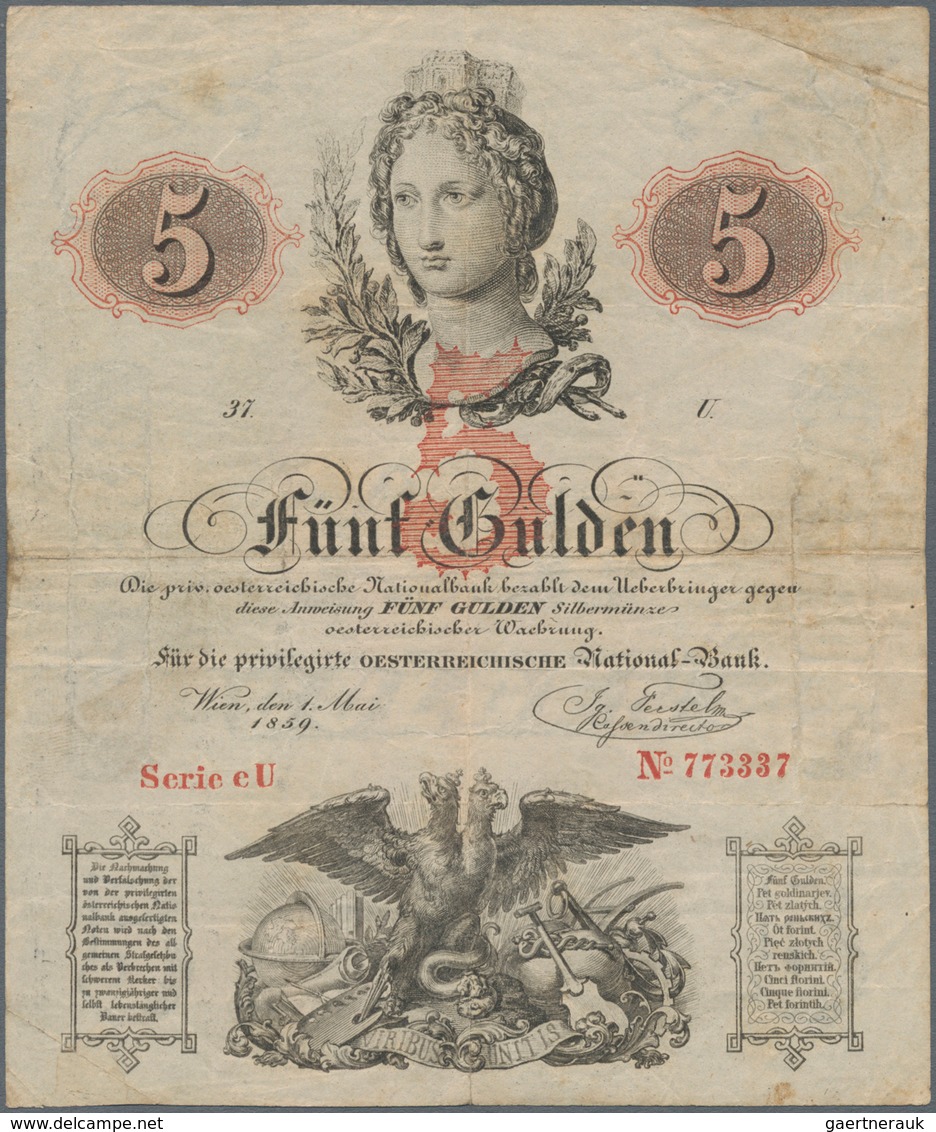 Austria / Österreich: 5 Gulden 1859, P.A88, Still Nice And Strong Paper, Traces Of Tape On Back. Con - Oostenrijk