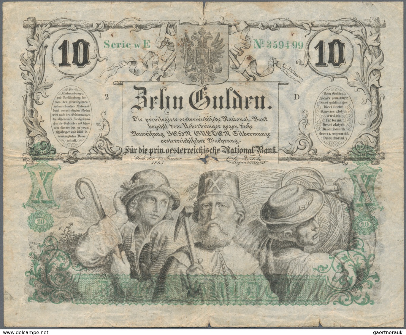 Austria / Österreich: Privilegirte Oesterreichische National-Bank 10 Gulden 1863, P.A89, Tiny Border - Austria