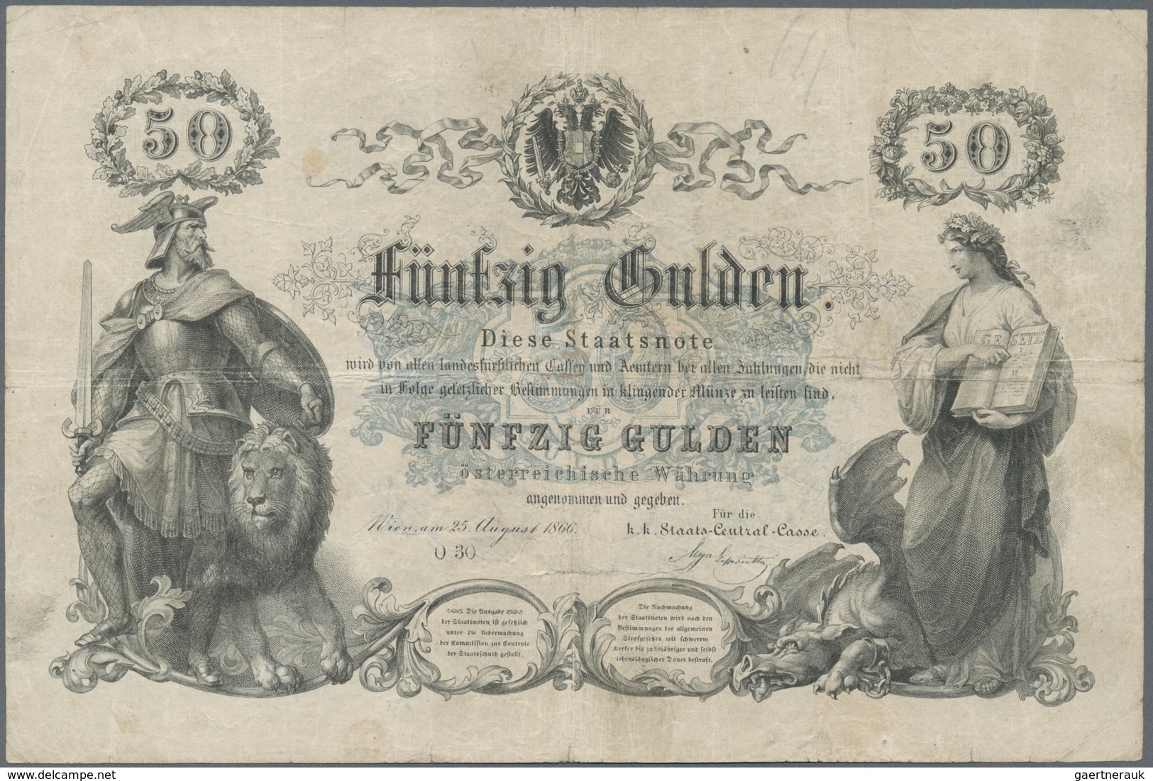 Austria / Österreich: K.u.K. Staats-Central-Casse 50 Gulden 1866, P.A152, Great Original Shape And H - Austria