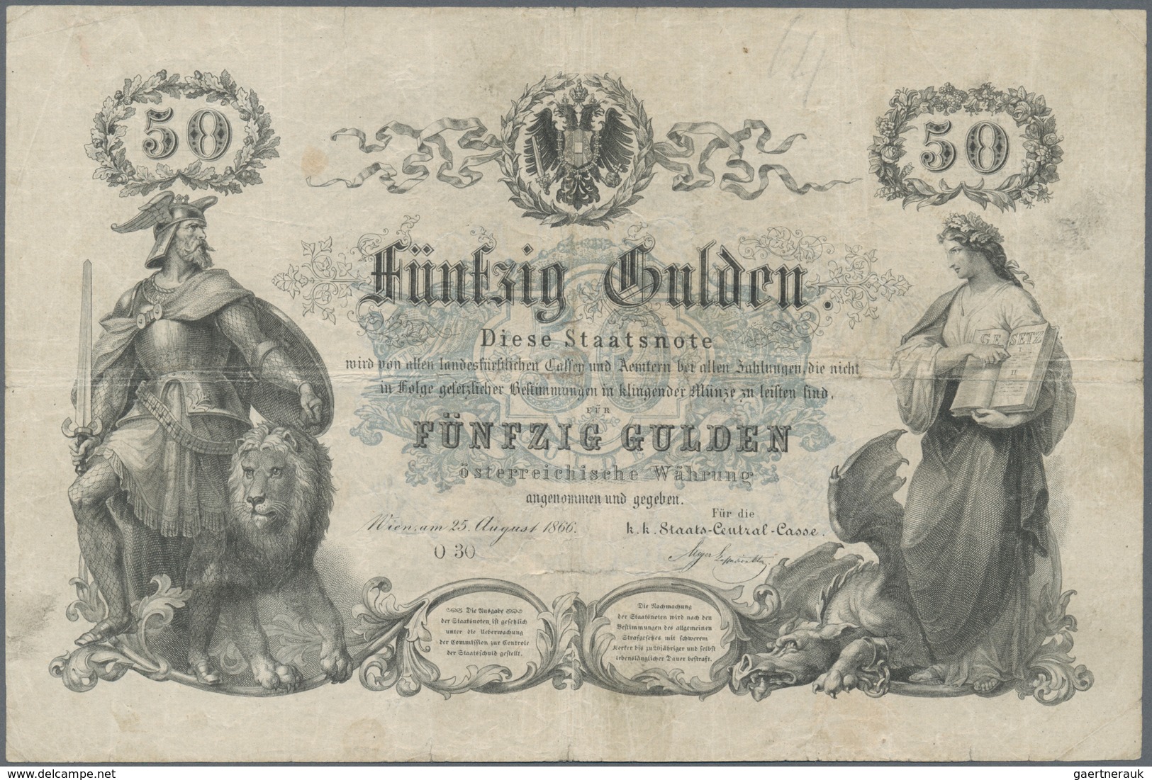 Austria / Österreich: K.u.K. Staats-Central-Casse 50 Gulden 1866, P.A152, Great Original Shape And H - Oostenrijk