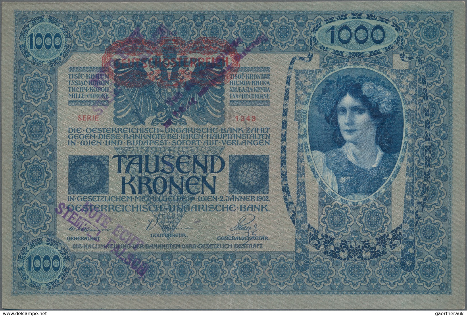 Austria / Österreich: 1000 Kronen 1902 (1919) With Stamp "Note Echt, Stempel Falsch" P.57b (XF) And - Austria