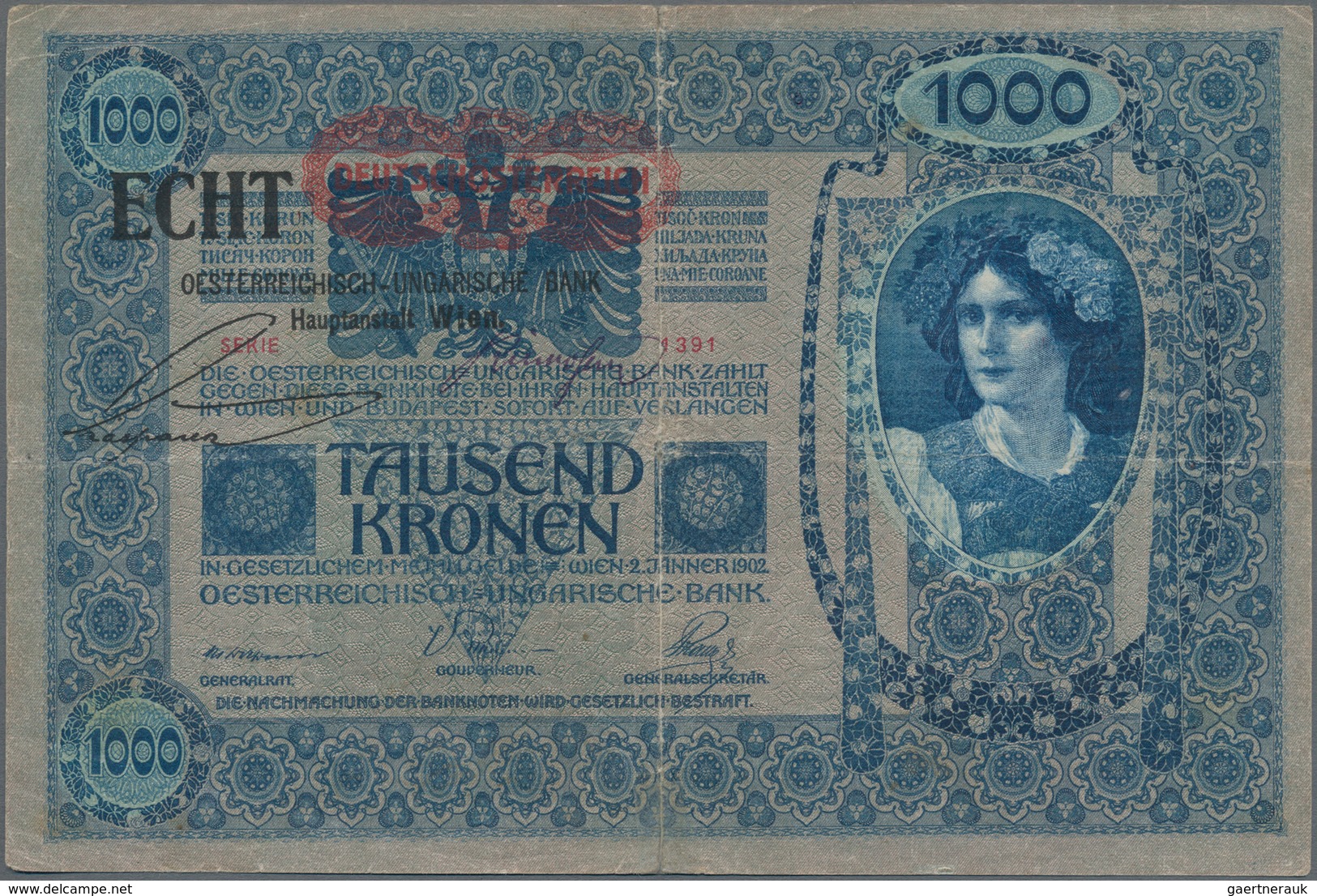 Austria / Österreich: 1000 Kronen 1902 (1919) With Stamp "Note Echt, Stempel Falsch" P.57b (XF) And - Autriche