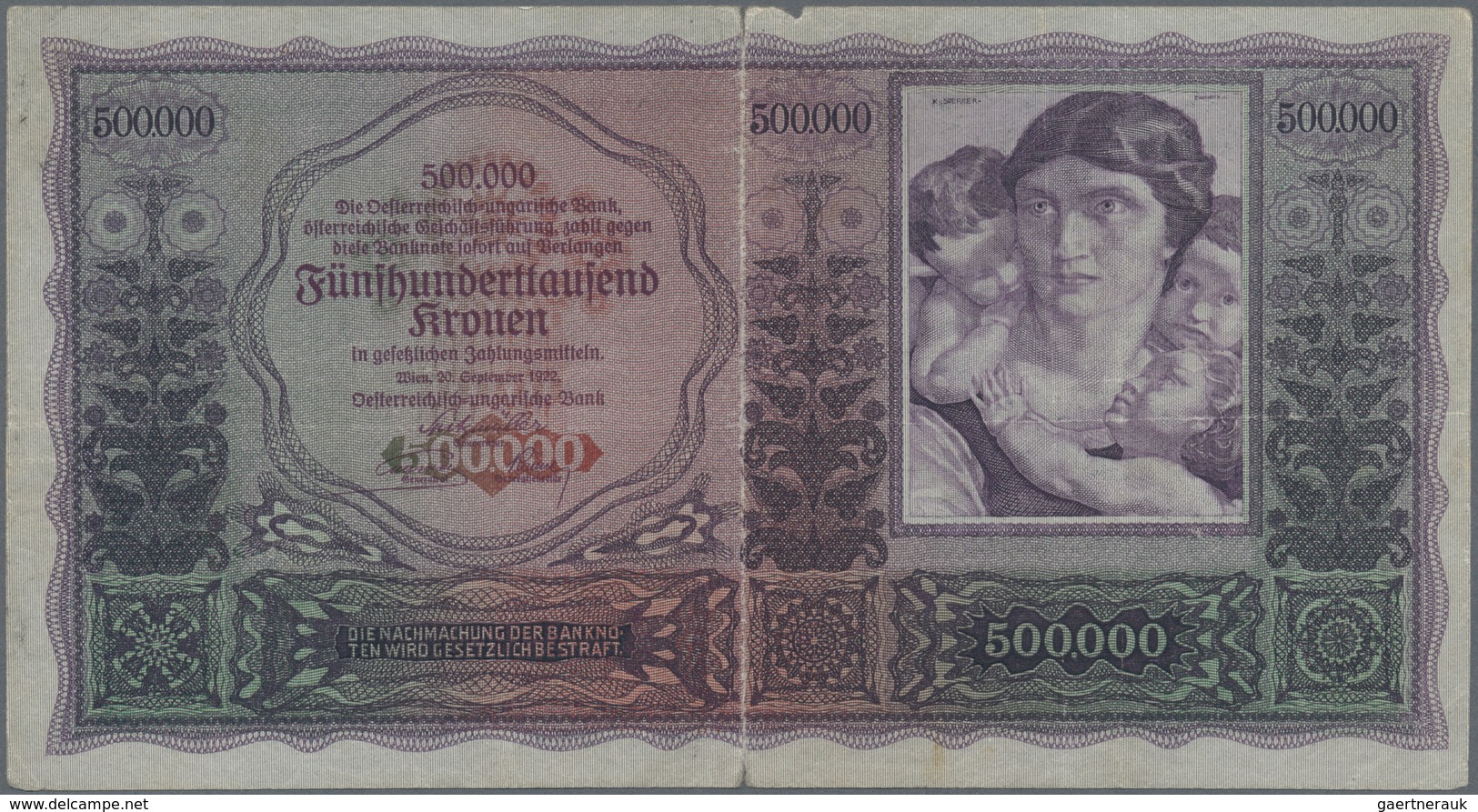 Austria / Österreich: 500.000 Kronen 1922, P.84, Stronger Fold At Center, Tiny Margin Split, Conditi - Oesterreich