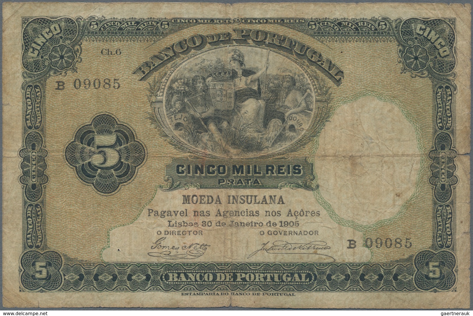 Azores / Azoren: Banco De Portugal With Overprint "MOEDA INSULANA" On PORTUGAL #83, 5 Mil Reis 1905, - Portugal