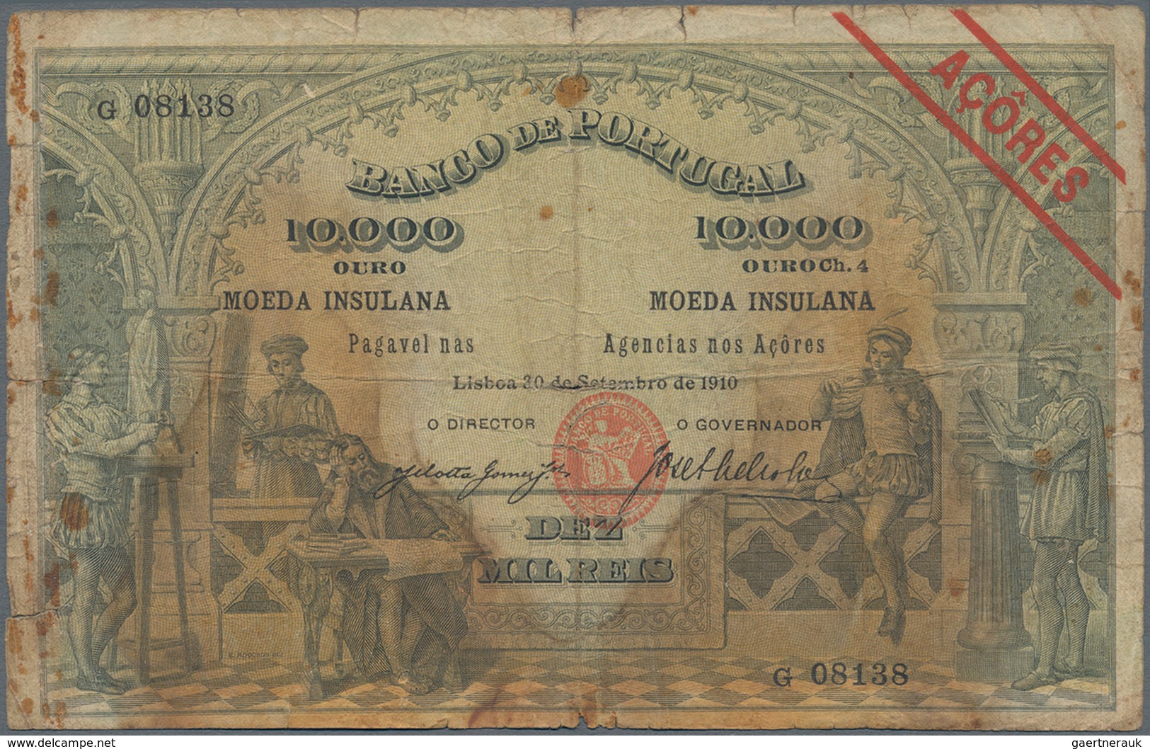 Azores / Azoren: Banco De Portugal 10 Mil Reis 1910 With Overprint "AZORES", P.12, Highly Rare Note - Portugal