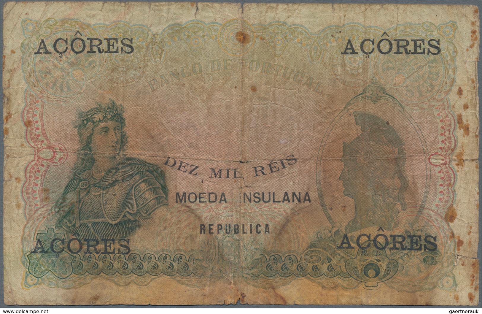 Azores / Azoren: Banco De Portugal 10 Mil Reis 1910 With Overprint "AZORES", P.12, Highly Rare Note - Portugal