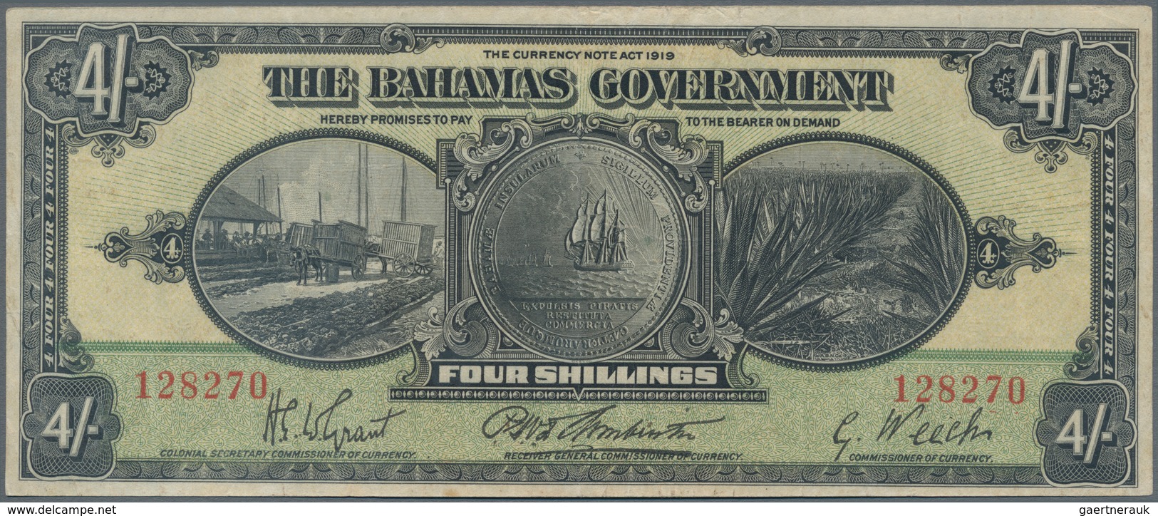 Bahamas: 4 Shillings 1919, P.2, Nice And Original Shape With A Few Folds And Lightly Toned Paper. Co - Bahamas