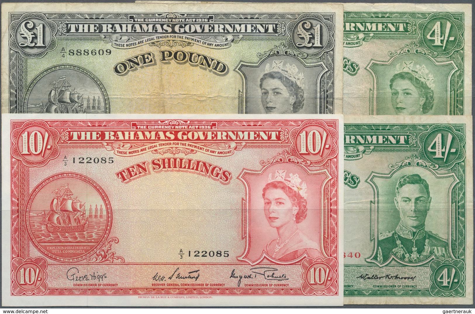 Bahamas: Set Of 4 Banknotes Containing 4 Shillings L.1936 P. 9b (F+), 4 Shillings L.1936 (1953) P. 1 - Bahamas