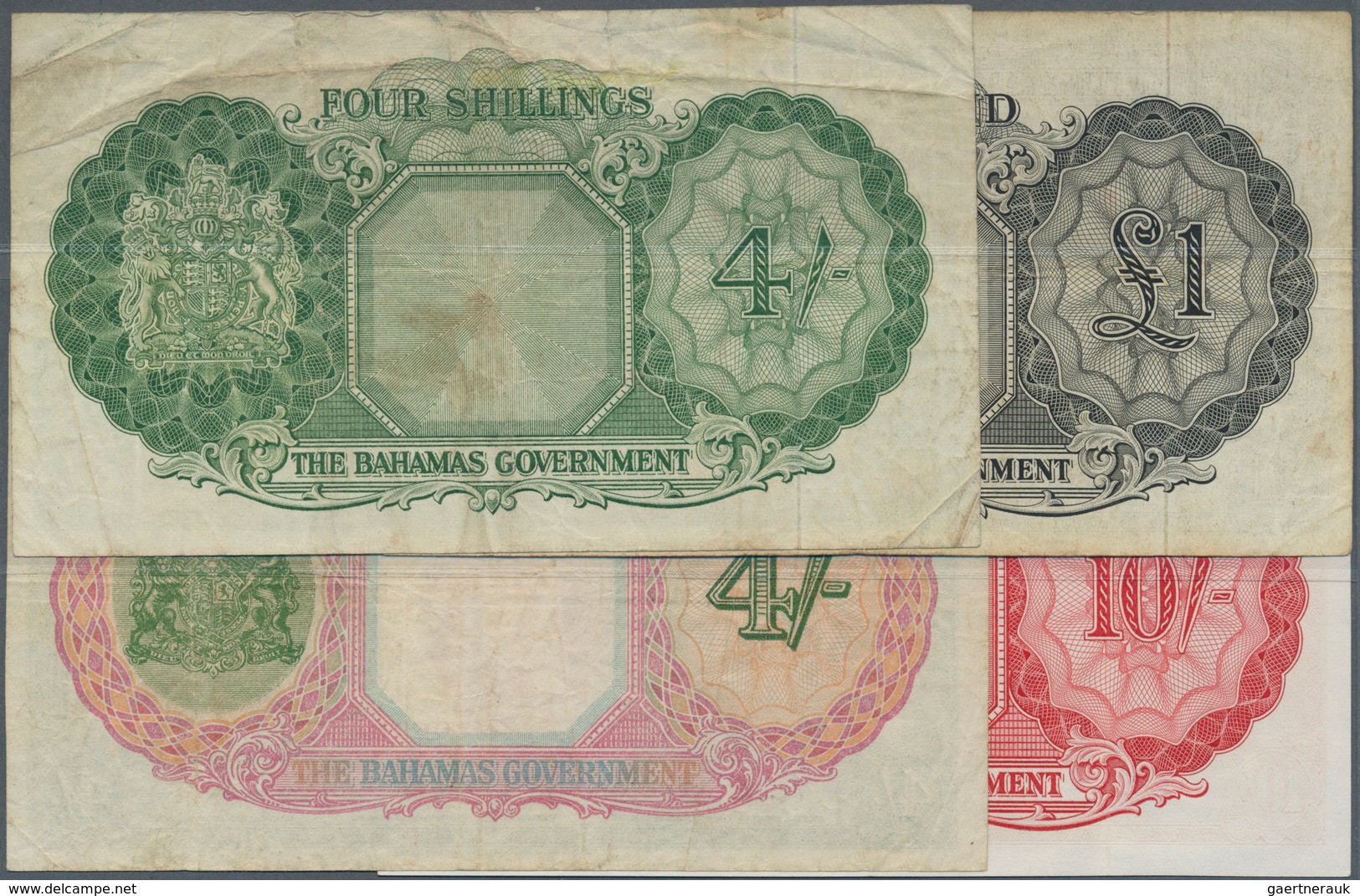 Bahamas: Set Of 4 Banknotes Containing 4 Shillings L.1936 P. 9b (F+), 4 Shillings L.1936 (1953) P. 1 - Bahamas