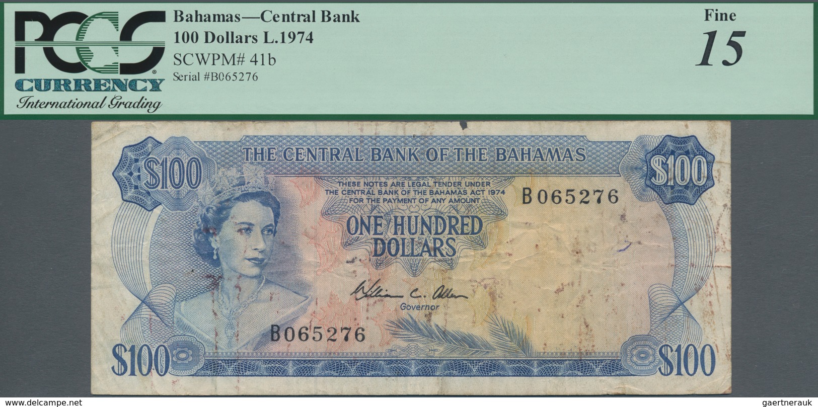 Bahamas:  The Central Bank Of The Bahamas 100 Dollars L.1974 With Signature W.C. Allen, P.41b, Highe - Bahamas