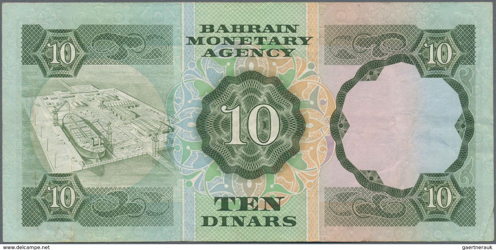 Bahrain: 10 Dinars L.1973, P.9, Still Strong Paper And Bright Colors With Several Folds And Creases. - Bahreïn