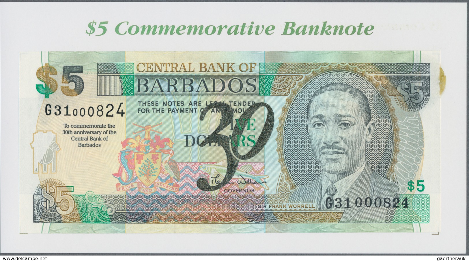 Barbados: 5 Dollars ND(2002) "30th Anniversary Of The Central Bank Of Barbados" Commemorative Issue, - Barbados (Barbuda)
