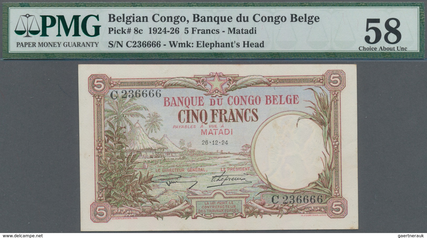 Belgian Congo / Belgisch Kongo: Banque Du Congo Belge 5 Francs 1924, Place Of Issue: MATADI, P.8c, H - Zonder Classificatie