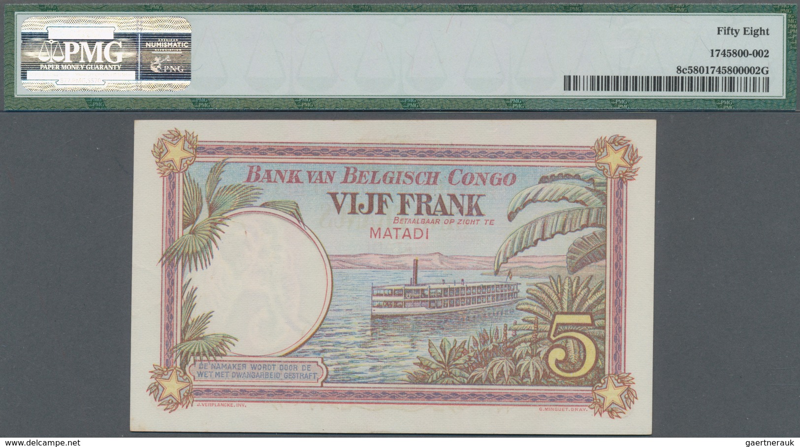 Belgian Congo / Belgisch Kongo: Banque Du Congo Belge 5 Francs 1924, Place Of Issue: MATADI, P.8c, H - Ohne Zuordnung