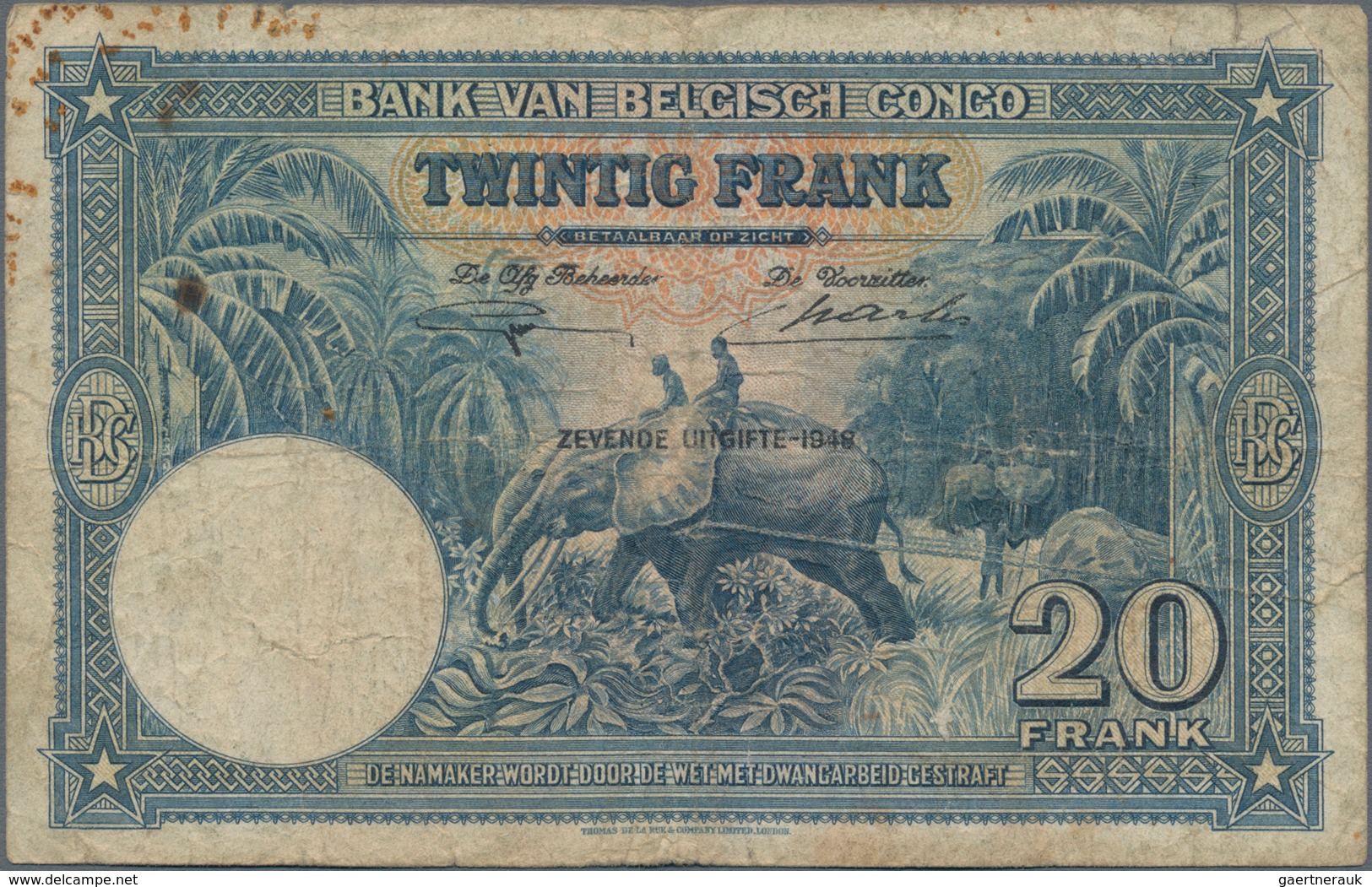 Belgian Congo / Belgisch Kongo: 5 Francs 1930 P.8e (F) And 20 Francs 1948 P.15f (F-). (2 Pcs.) - Ohne Zuordnung