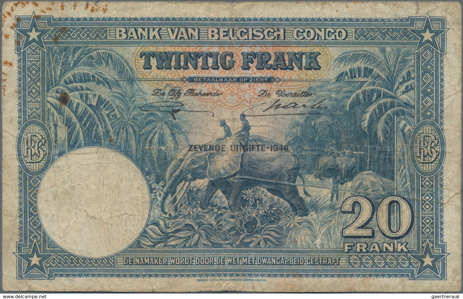 Belgian Congo / Belgisch Kongo: 5 Francs 1930 P.8e (F) And 20 Francs 1948 P.15f (F-). (2 Pcs.) - Zonder Classificatie