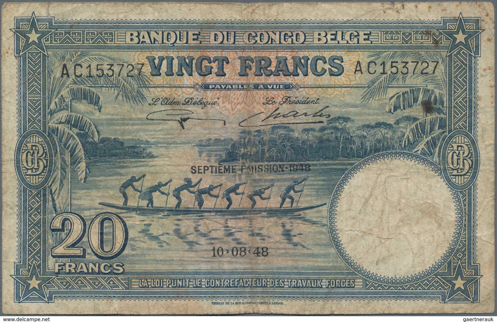 Belgian Congo / Belgisch Kongo: 5 Francs 1930 P.8e (F) And 20 Francs 1948 P.15f (F-). (2 Pcs.) - Sin Clasificación