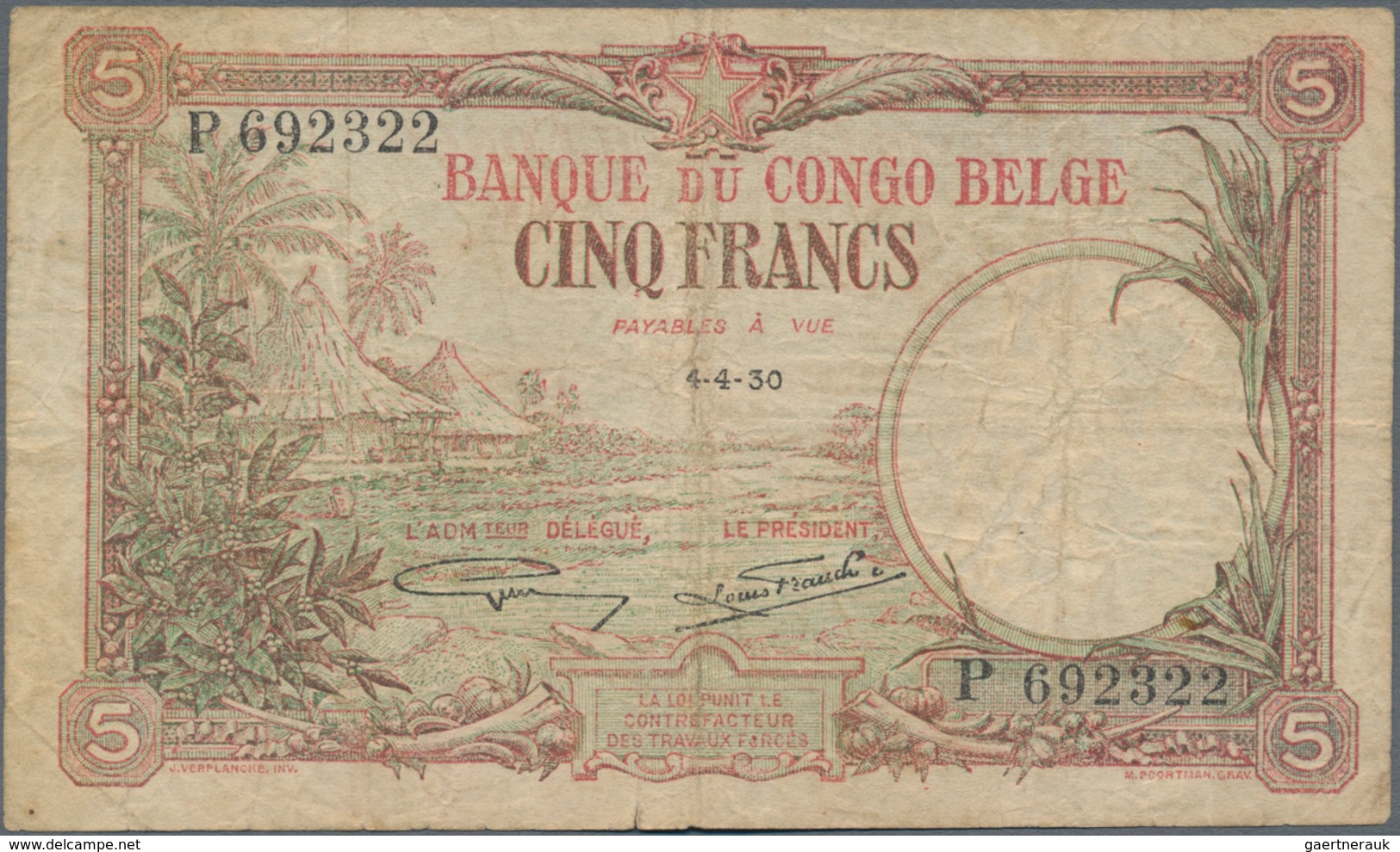 Belgian Congo / Belgisch Kongo: 5 Francs 1930 P.8e (F) And 20 Francs 1948 P.15f (F-). (2 Pcs.) - Sin Clasificación