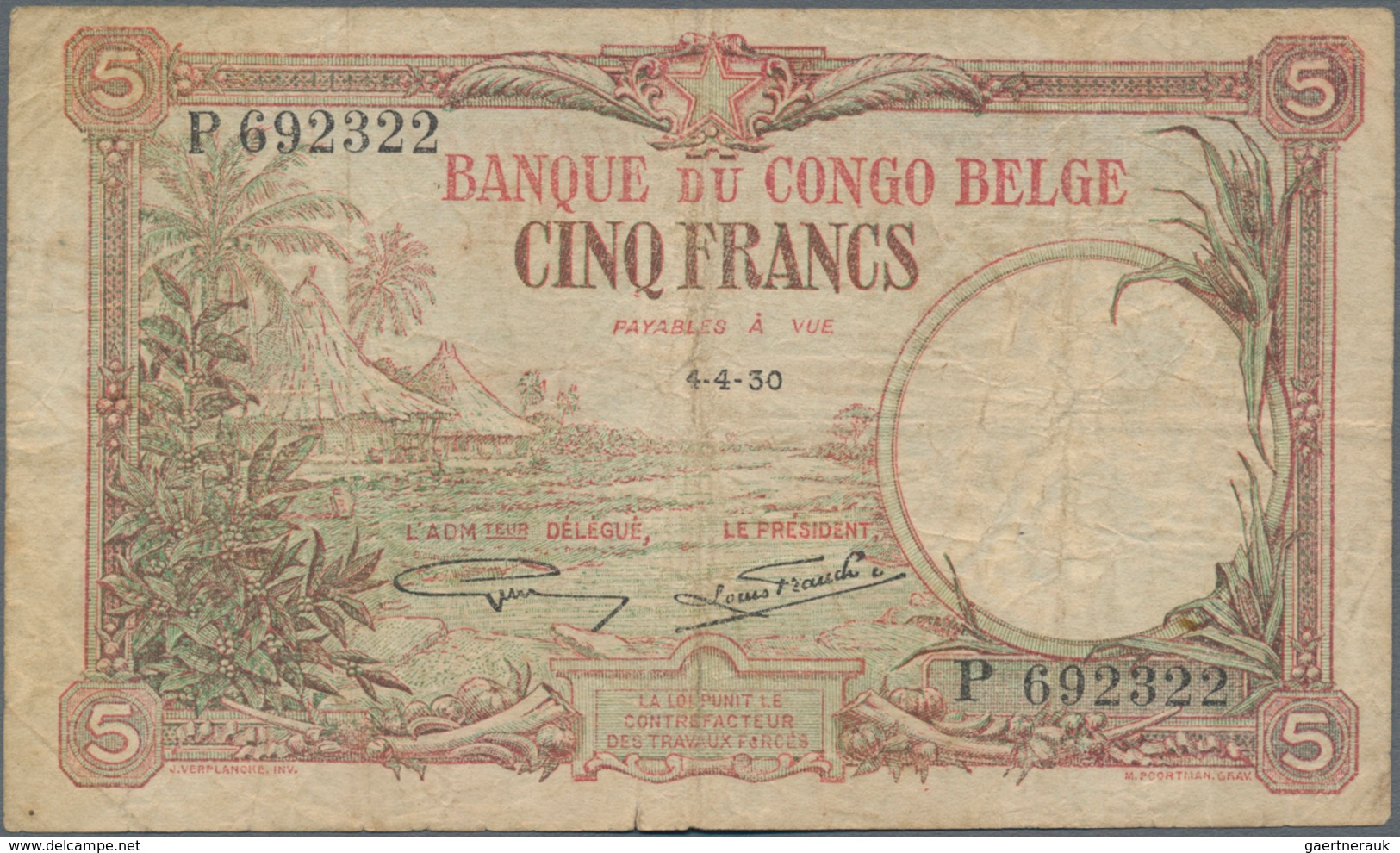 Belgian Congo / Belgisch Kongo: 5 Francs 1930 P.8e (F) And 20 Francs 1948 P.15f (F-). (2 Pcs.) - Zonder Classificatie